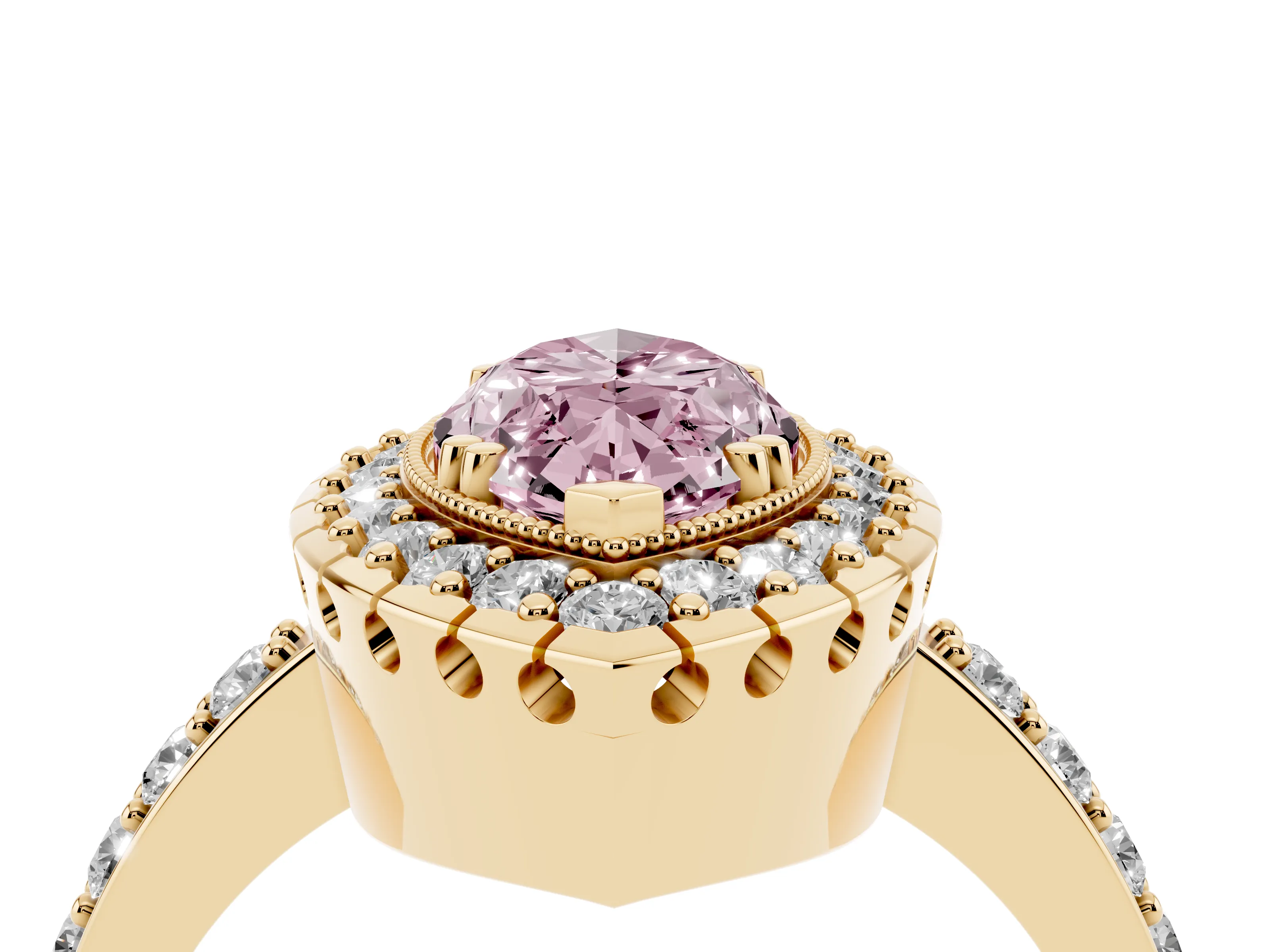 Fancy Pink Marquise Cut Diamond Halo Ring Set in Yellow gold with Pavé Shank and Prong Setting