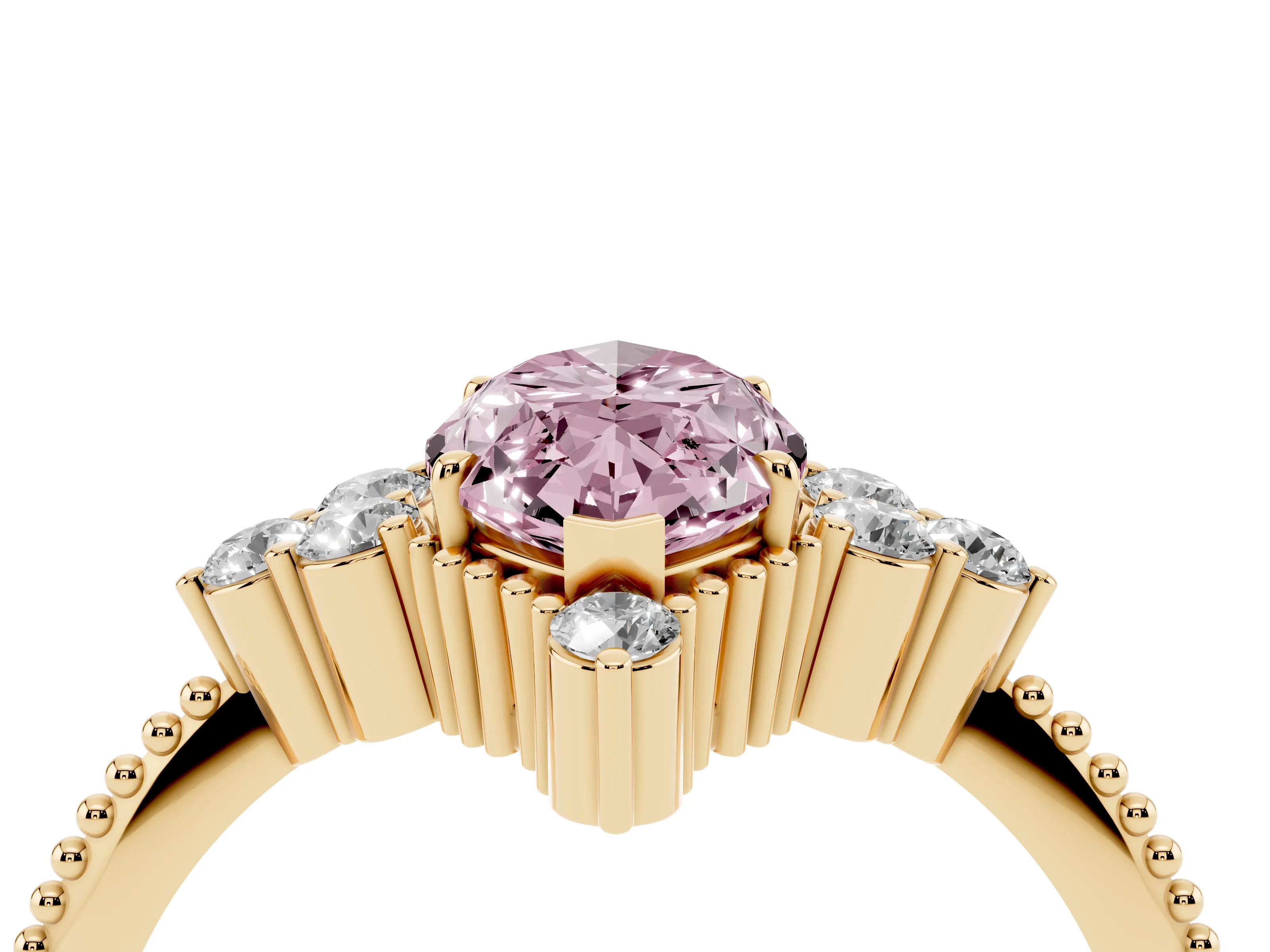 Fancy Pink Marquise Cut Diamond Cluster Ring Set in Yellow gold with Beaded Band