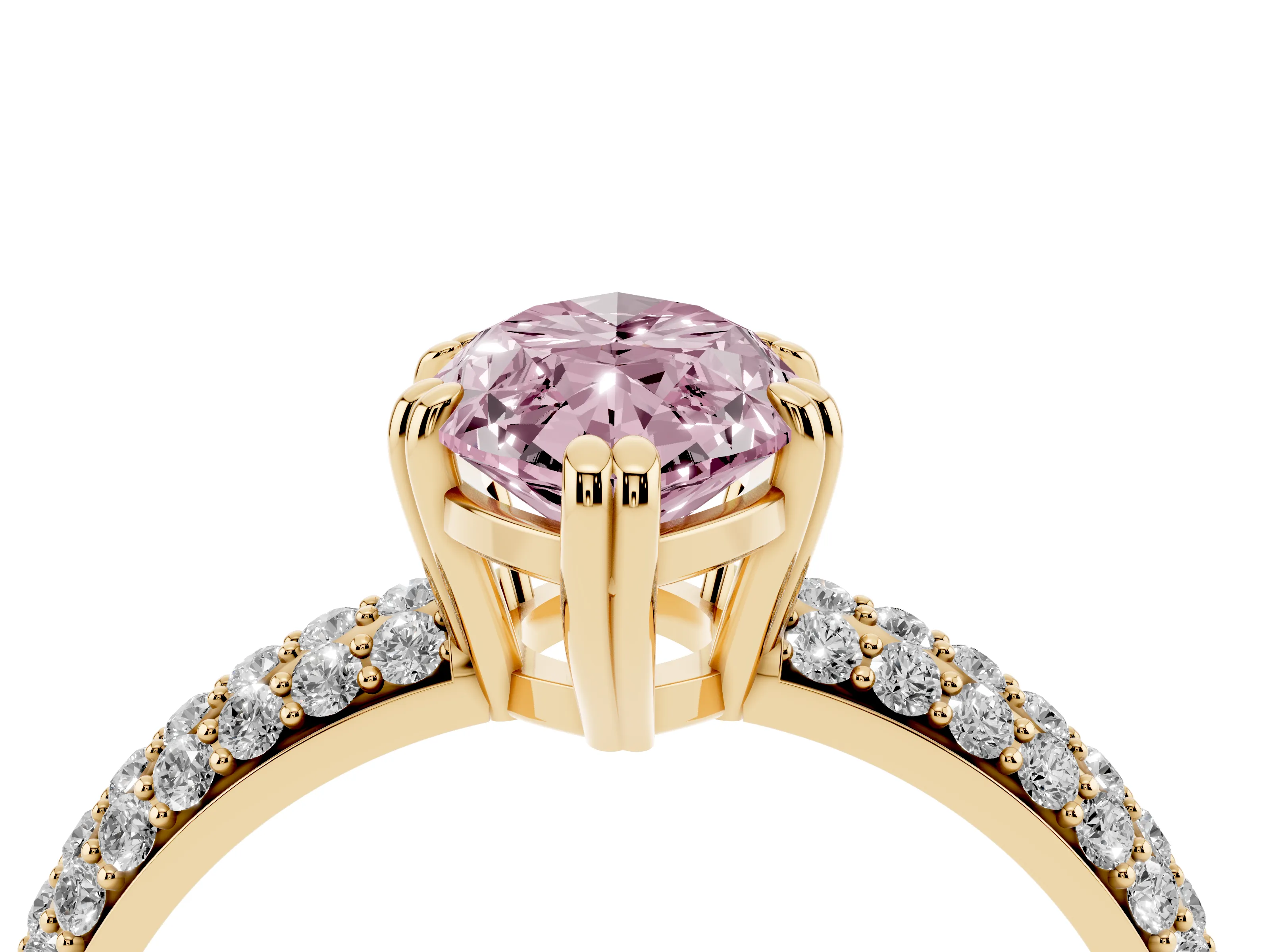 Fancy Pink Marquise Cut Diamond Solitaire Ring Set in Yellow gold with Multi-Row Round Pavé Band and Prong Setting