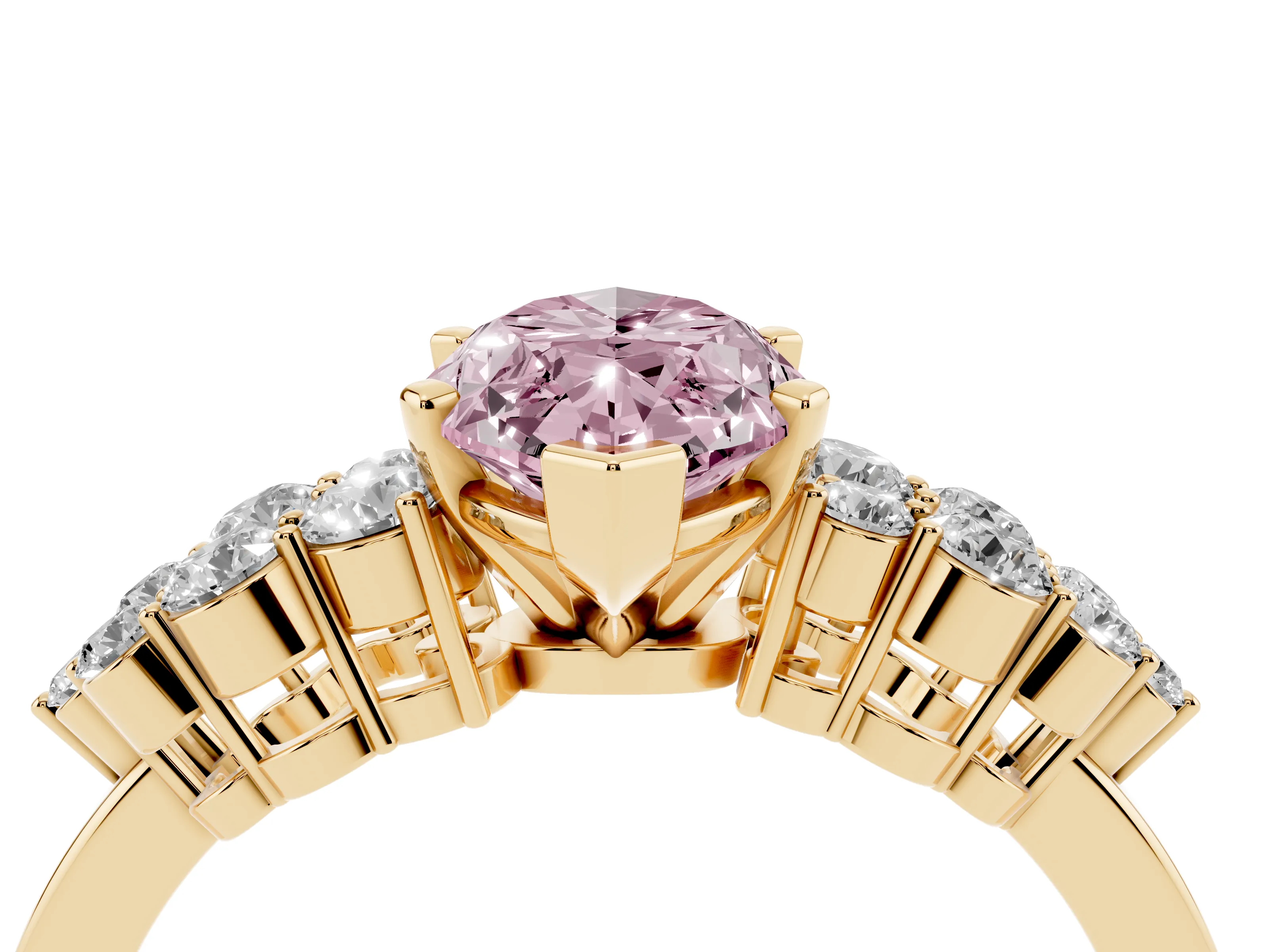 Fancy Pink Marquise Cut Diamond Cluster Engagement Ring Set in Yellow gold with Pavé Band and Prong Setting
