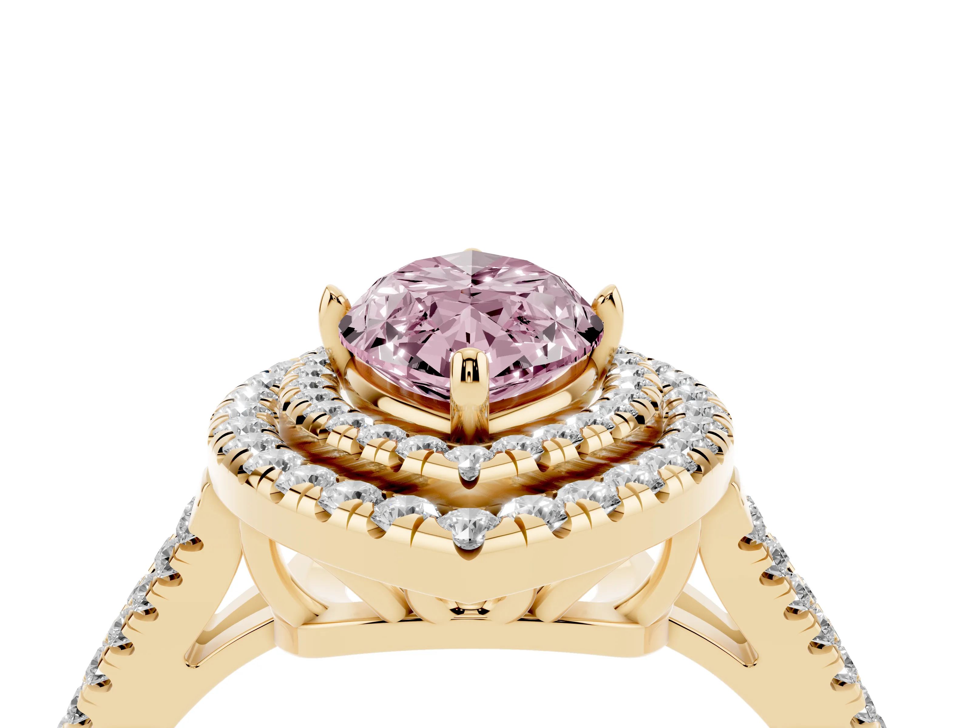Fancy Pink Marquise Cut Diamond Double Halo Ring Set in Yellow gold with Pavé Band