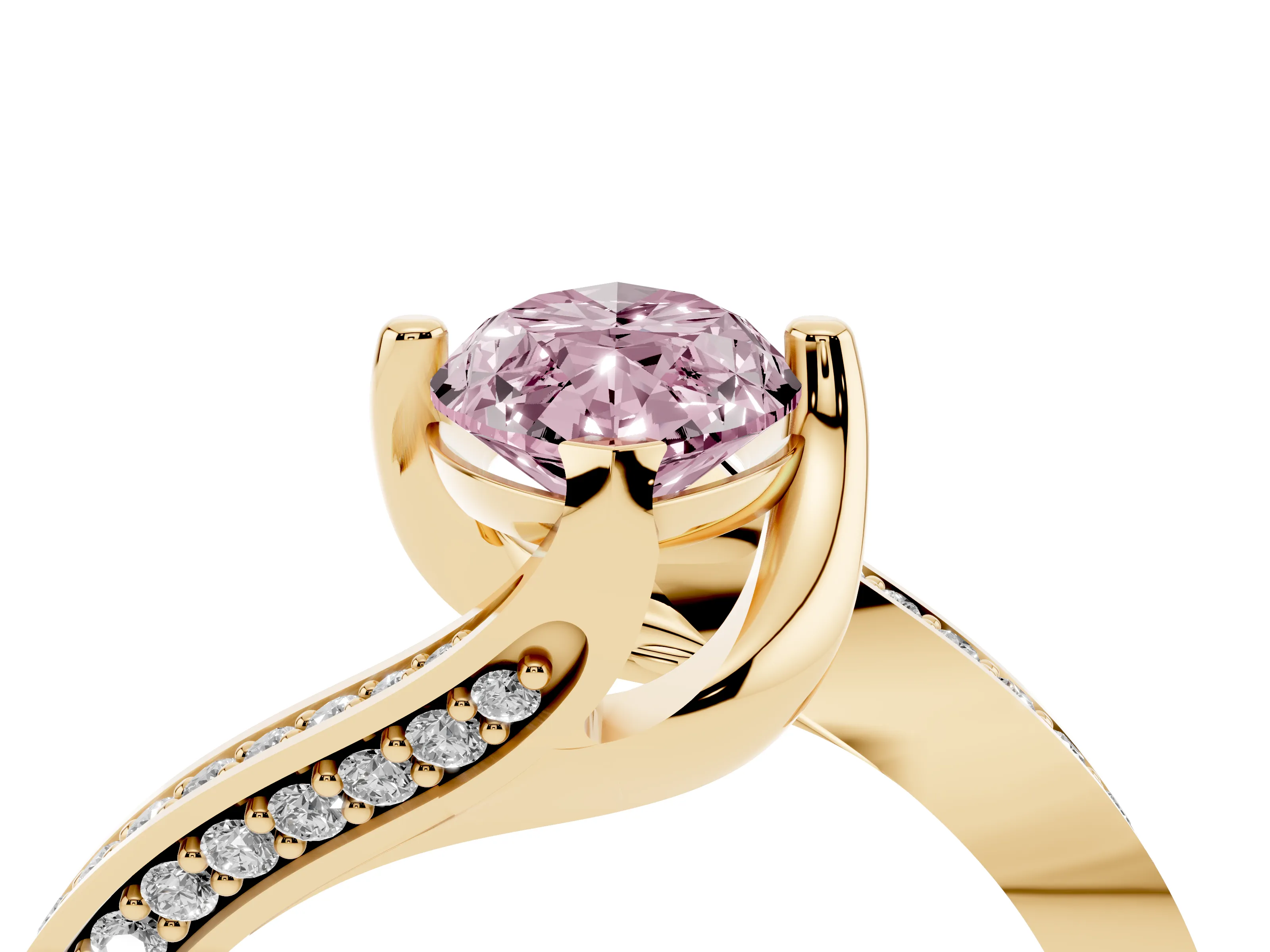 Fancy Pink Marquise Cut Diamond Solitaire Ring Set in Yellow gold with Intertwined Pavé Twist Band