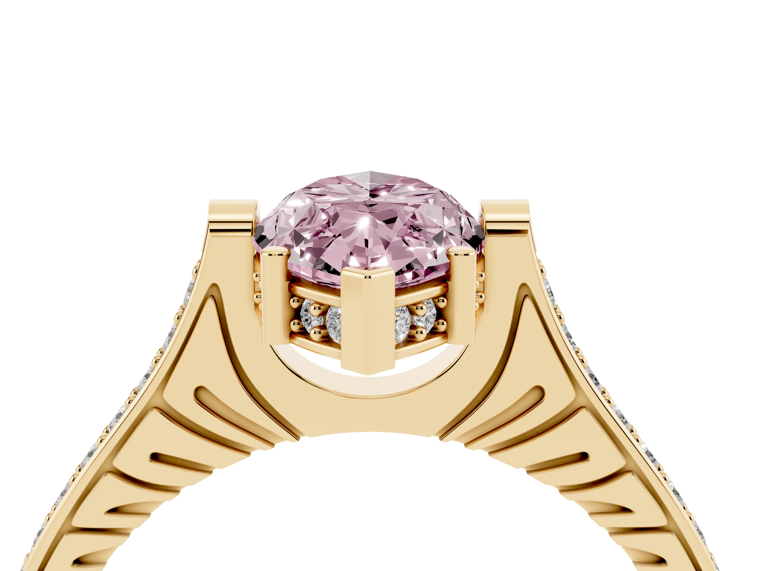 Fancy Pink Marquise Cut Diamond Solitaire Ring Set in Yellow gold with Channel Set Band and Bezel Prong Setting