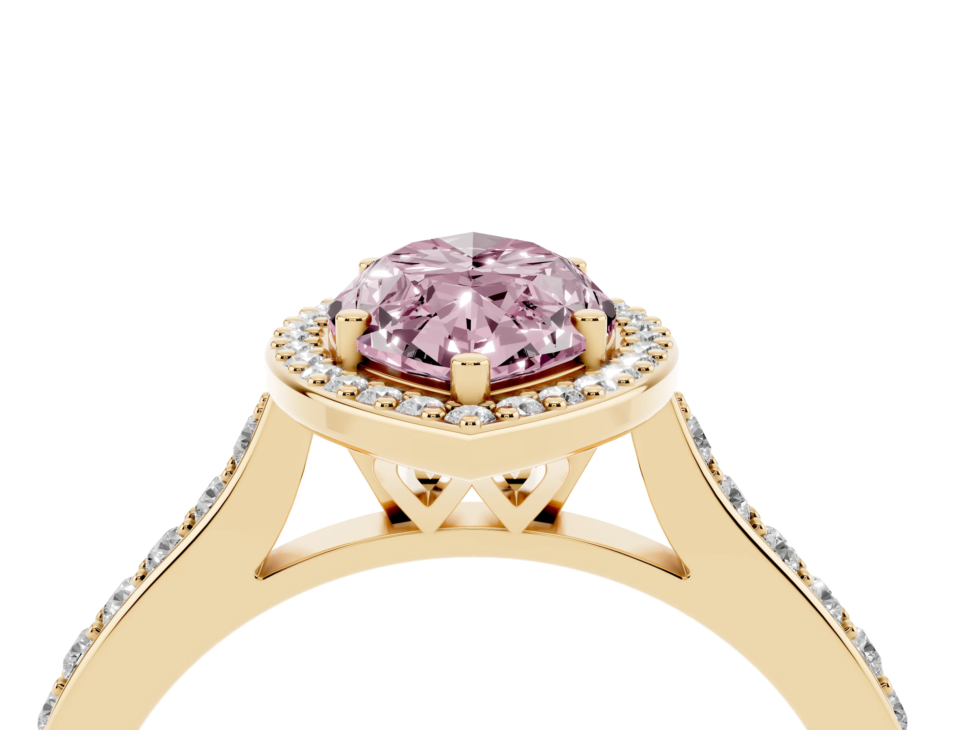 Fancy Pink Marquise Cut Diamond Halo Engagement Ring Set in Yellow gold with Round Pavé Shoulders and Heart Gallery