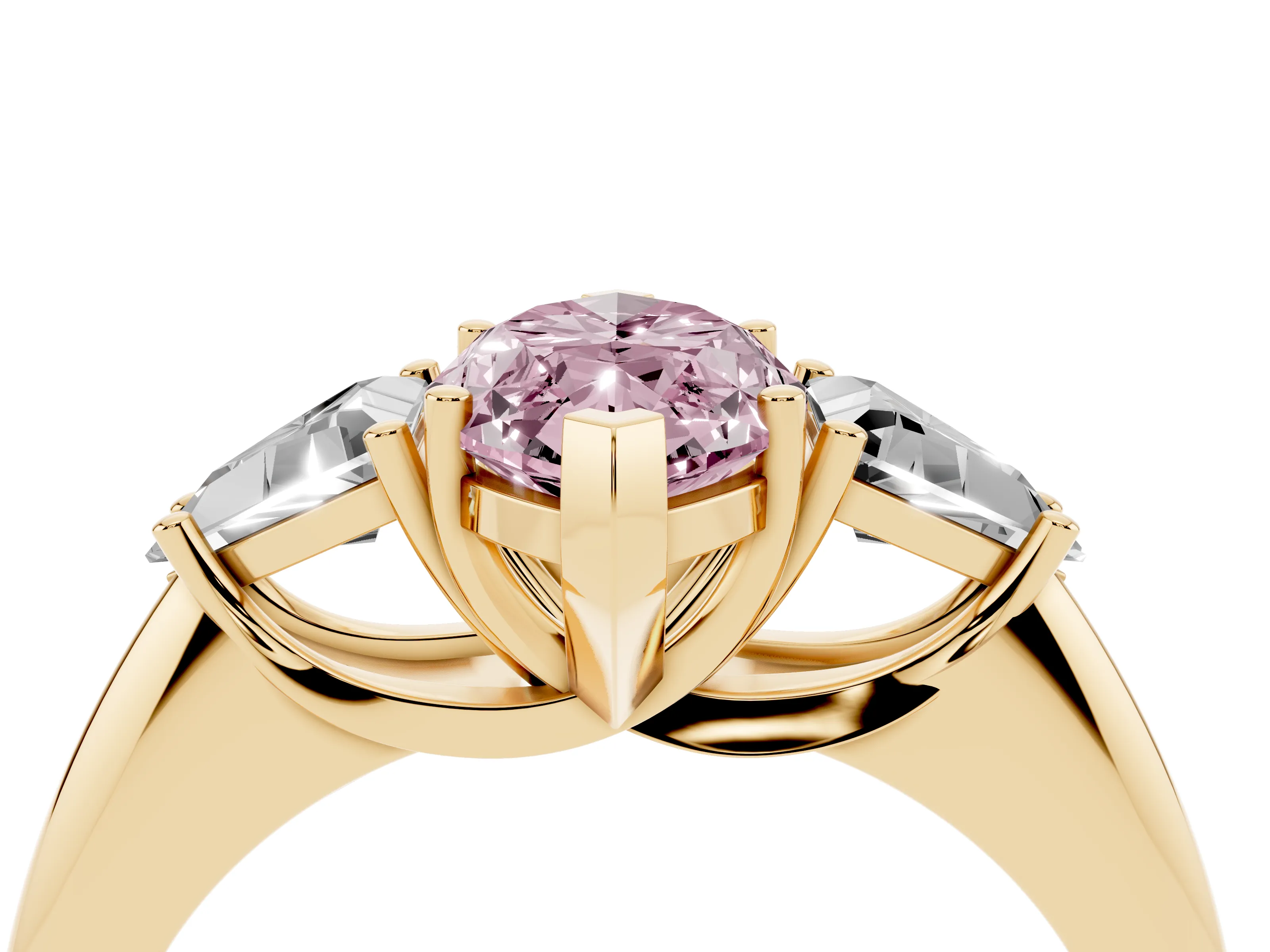 Fancy Pink Marquise Cut Diamond Three-Stone Engagement Ring Set in Yellow gold with Trillion Side Stones