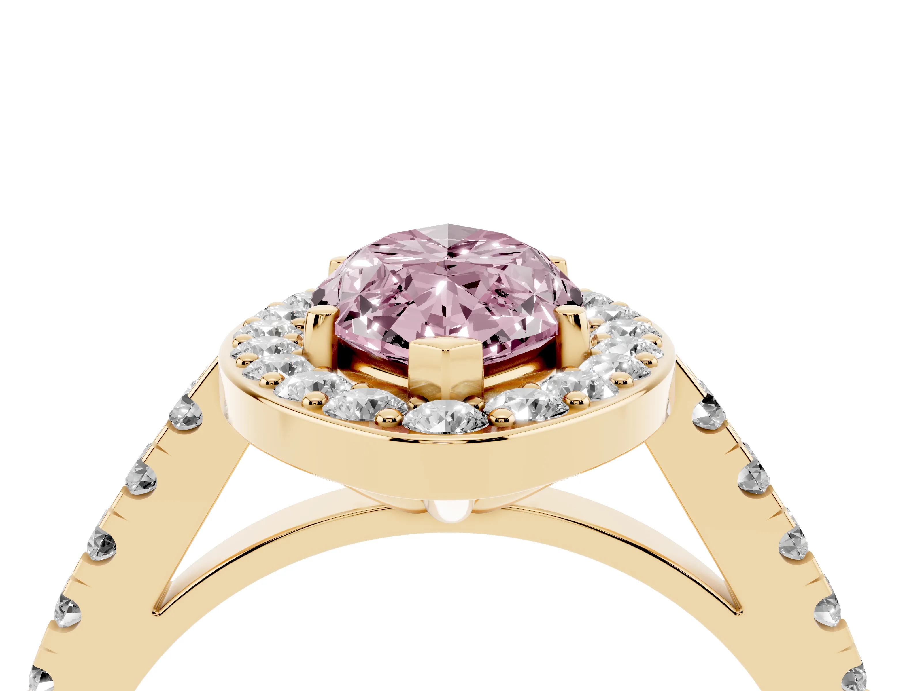 Fancy Pink Marquise Cut Diamond Halo Ring Set in Yellow gold with Round Pavé Split Shank and Prong Setting