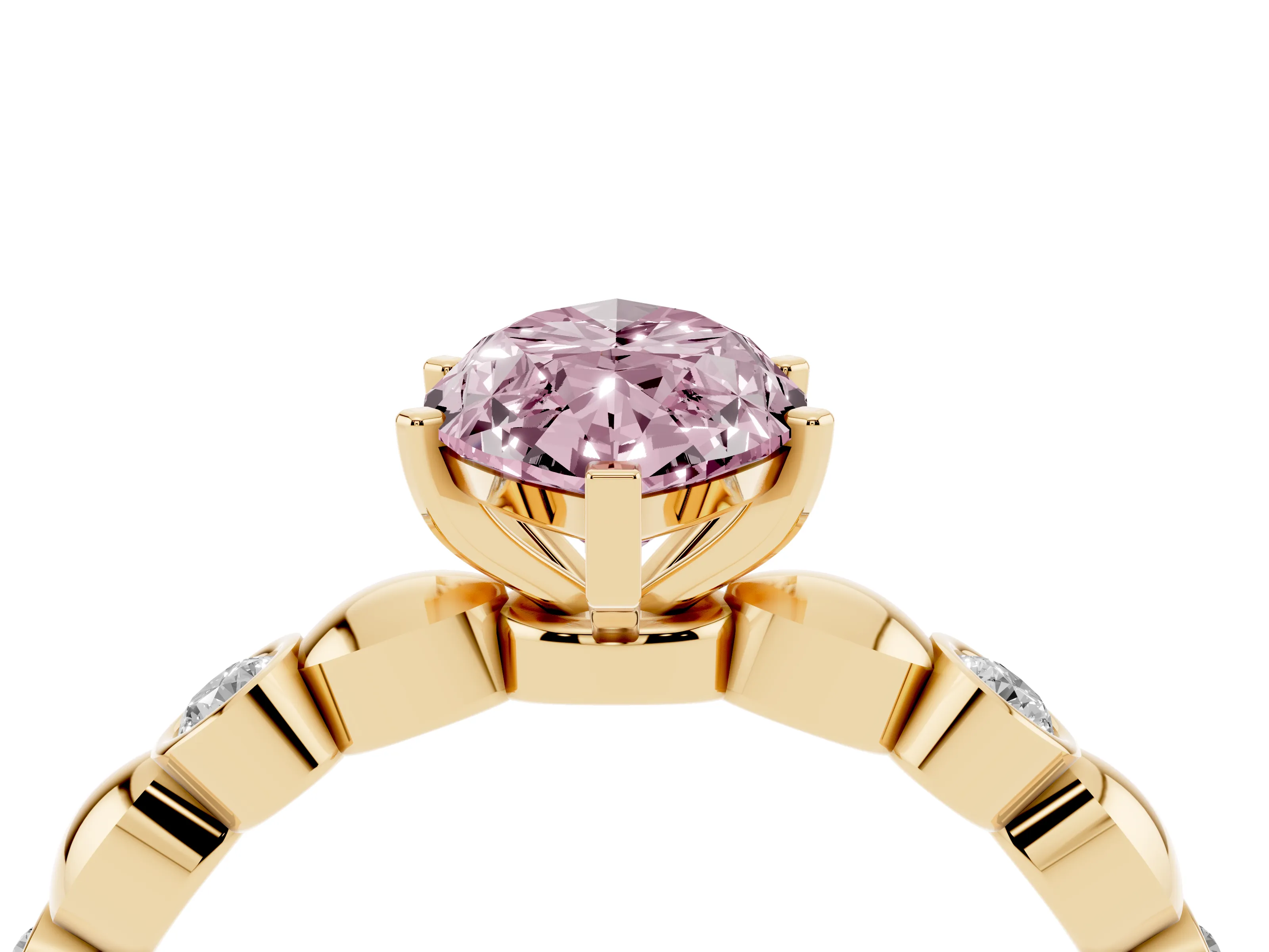 Fancy Pink Marquise Cut Diamond Solitaire Ring Set in Yellow gold with Bezel-Set Accents on Beaded Band and Prong Setting