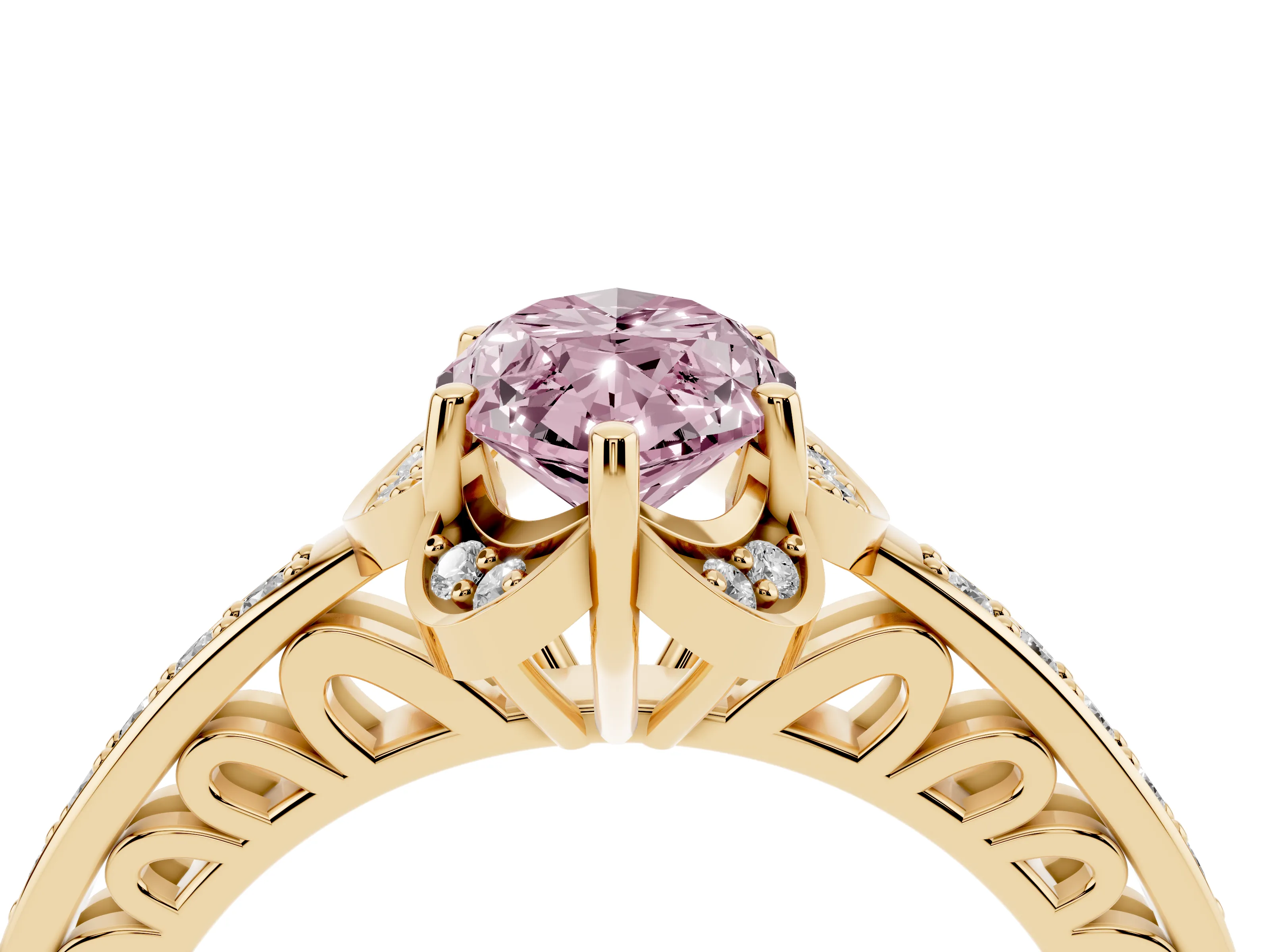 Fancy Pink Marquise Cut Diamond Halo Ring Set in Yellow gold with Channel Set Band and Prong Setting