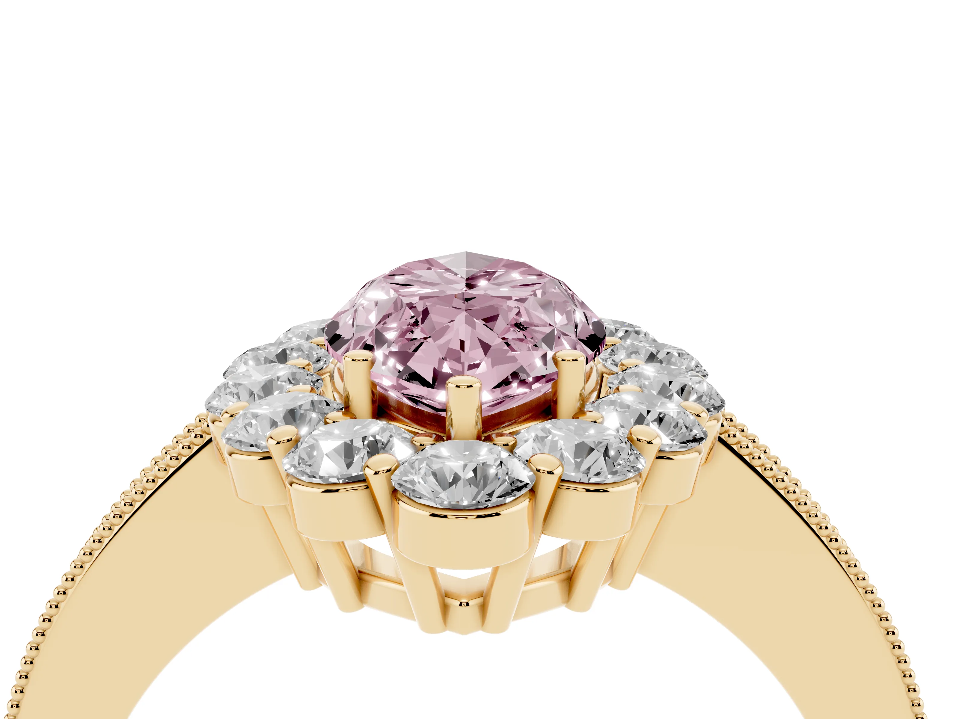 Fancy Pink Marquise Cut Diamond Halo Pavé Engagement Ring Set in Yellow gold with Milgrain Detailing