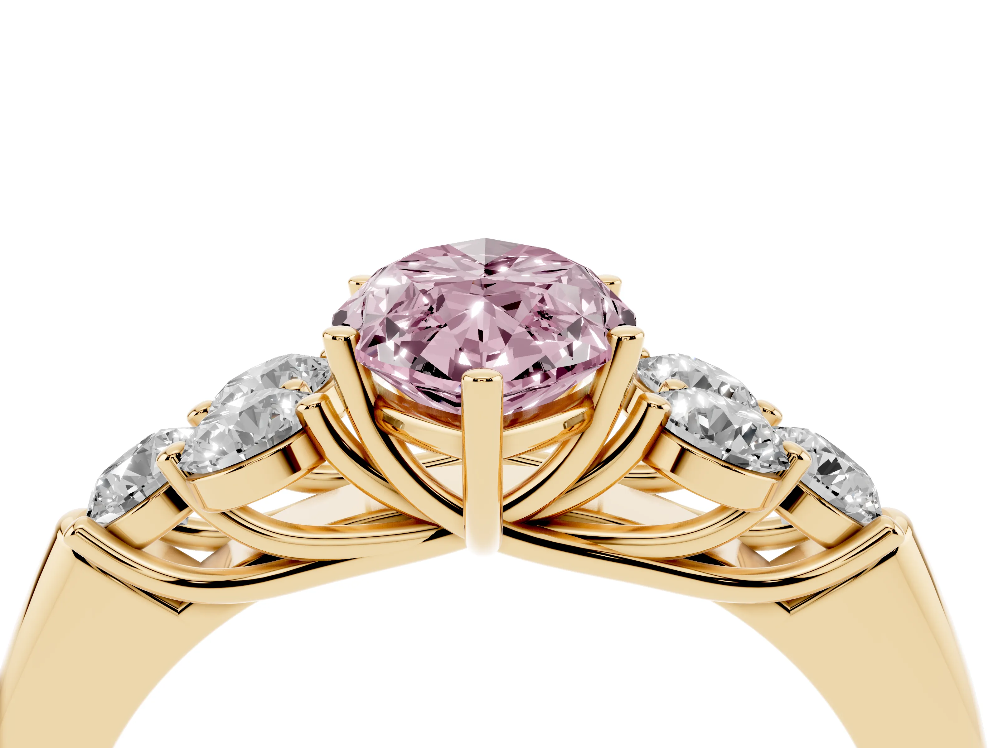 Fancy Pink Marquise Cut Diamond Cluster Ring Set in Yellow gold with Round Accent Stones and Prong Setting on a Plain Band