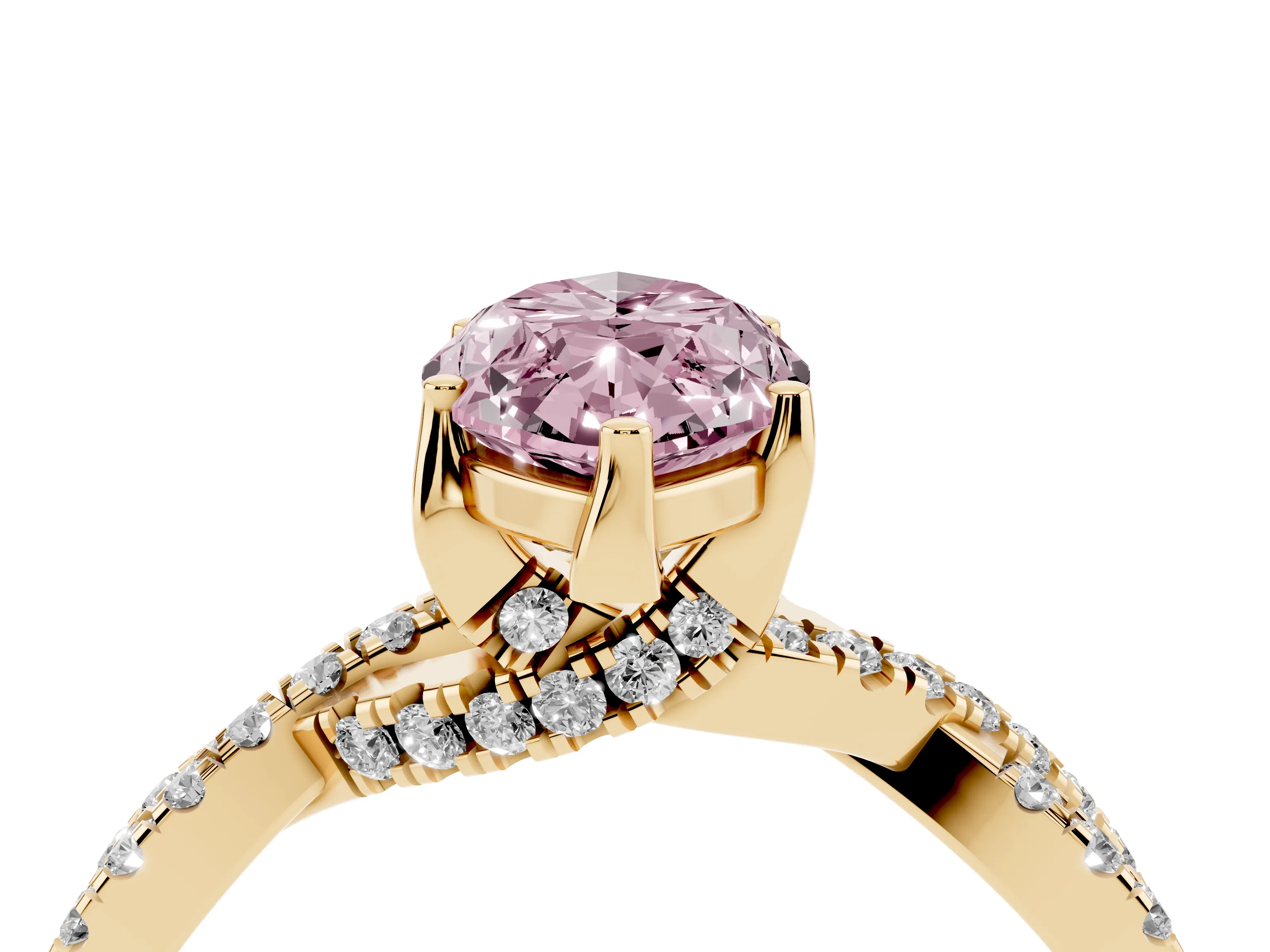 Fancy Pink Marquise Cut Diamond Twist Pavé Solitaire Engagement Ring Set in Yellow gold with Prong Setting