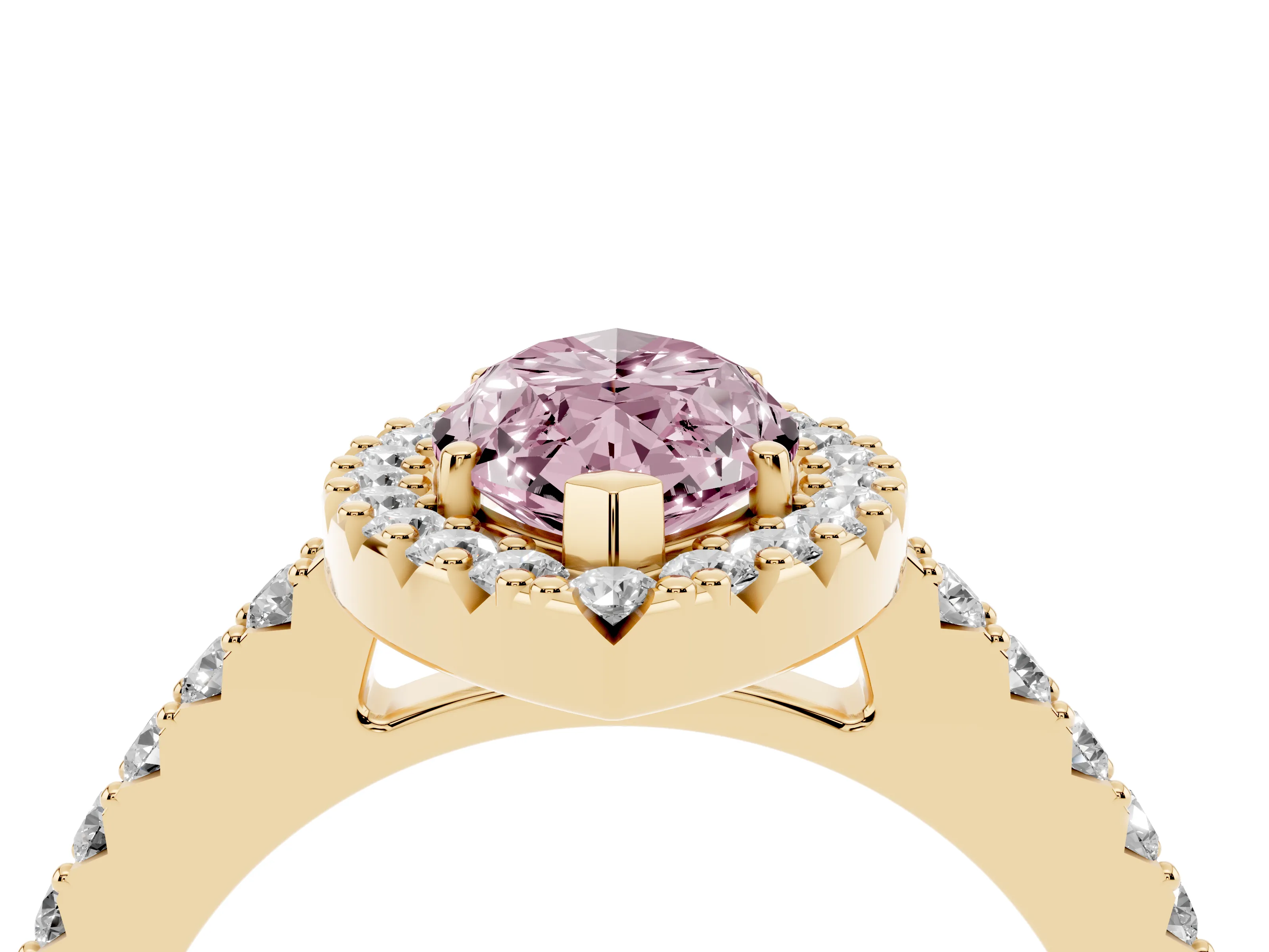 Fancy Pink Marquise Cut Diamond Halo Pavé Solitaire Ring Set in Yellow gold with Prong-Set Center Stone