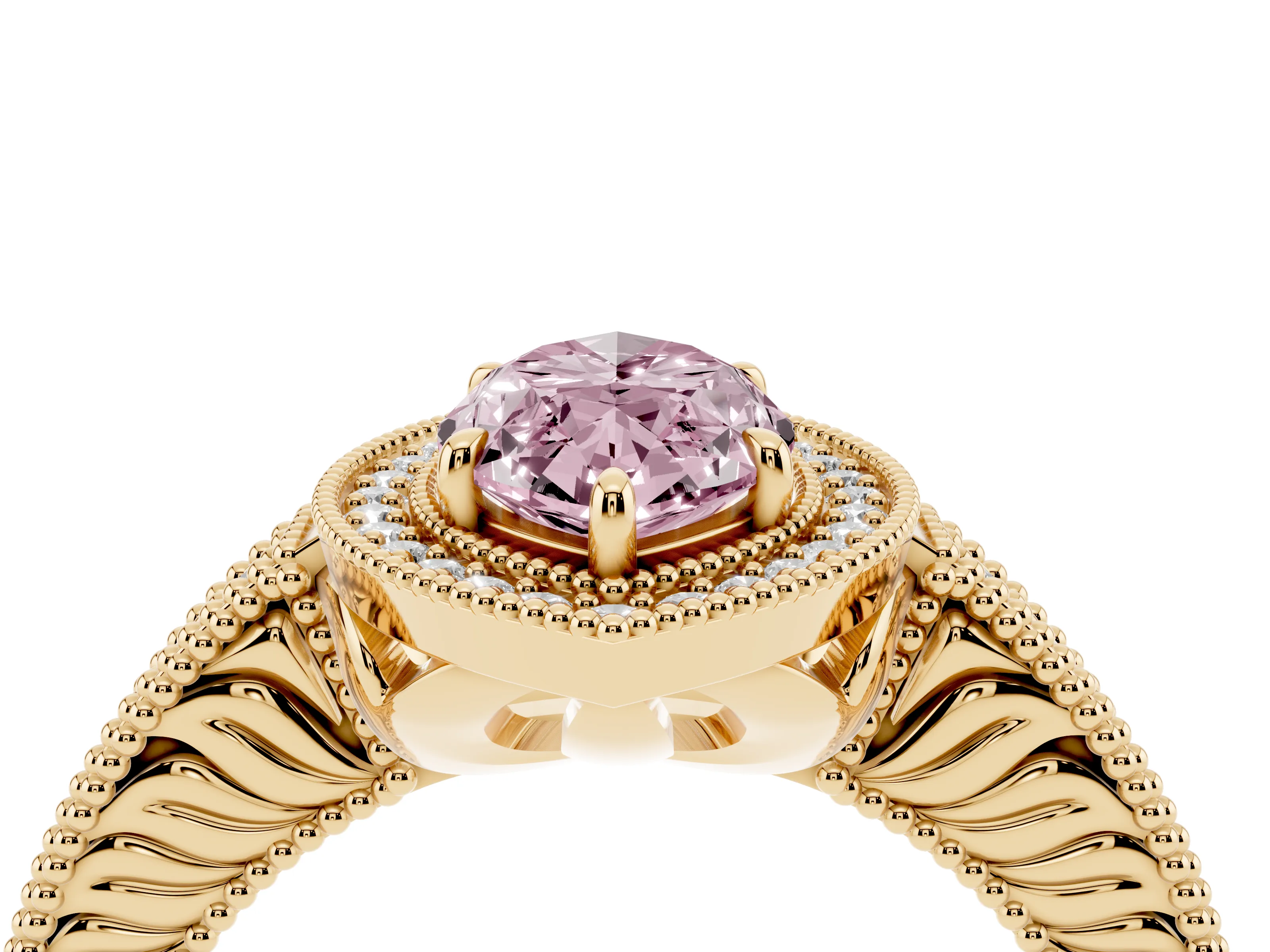 Fancy Pink Marquise Cut Diamond Halo Ring Set in Yellow gold with Round Accent Halo, Pavé Band and Prong Setting