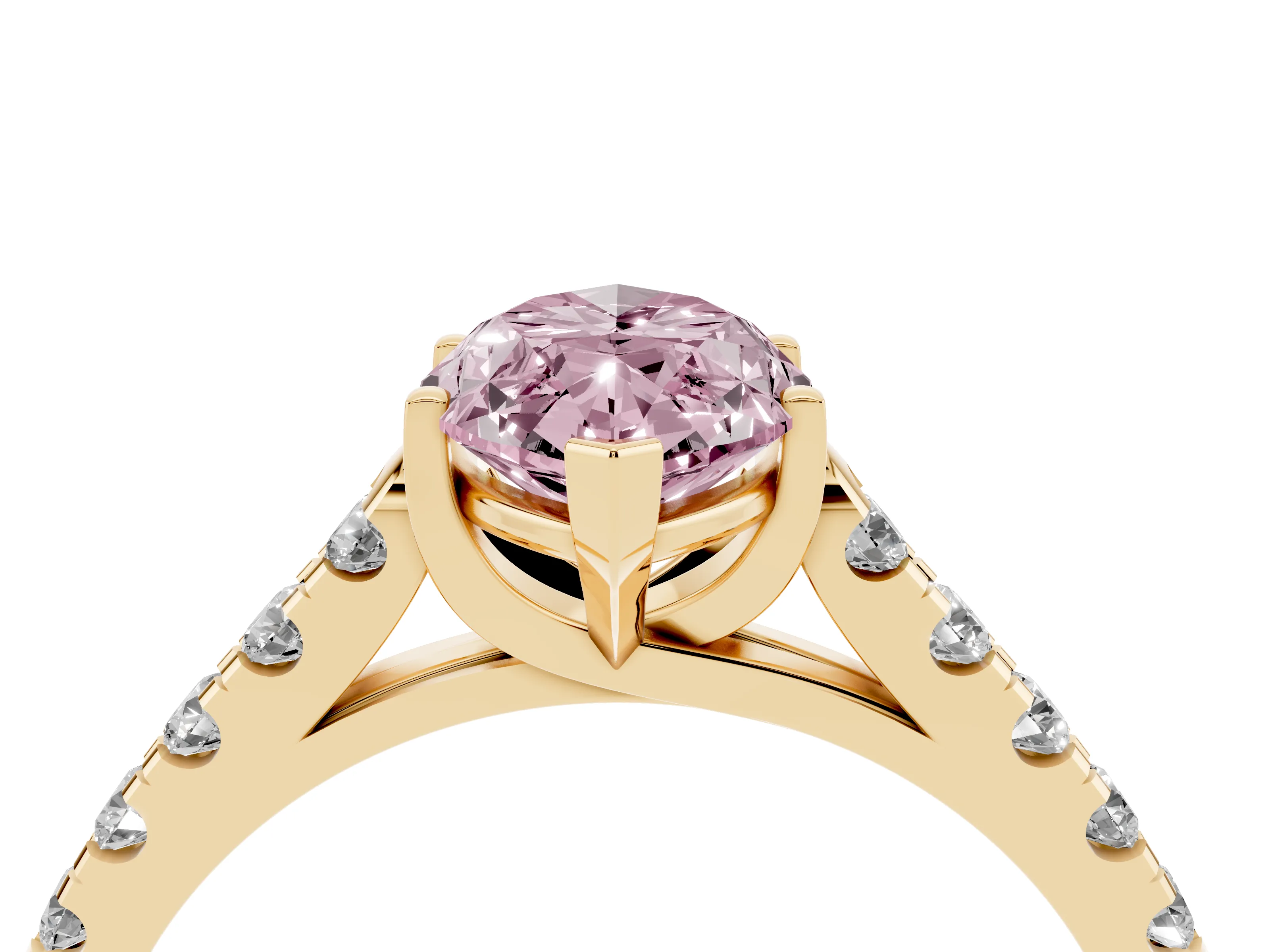 Fancy Pink Marquise Cut Diamond Pavé Band Solitaire Ring Set in Yellow gold with Partway Accent Stones and Prong Setting