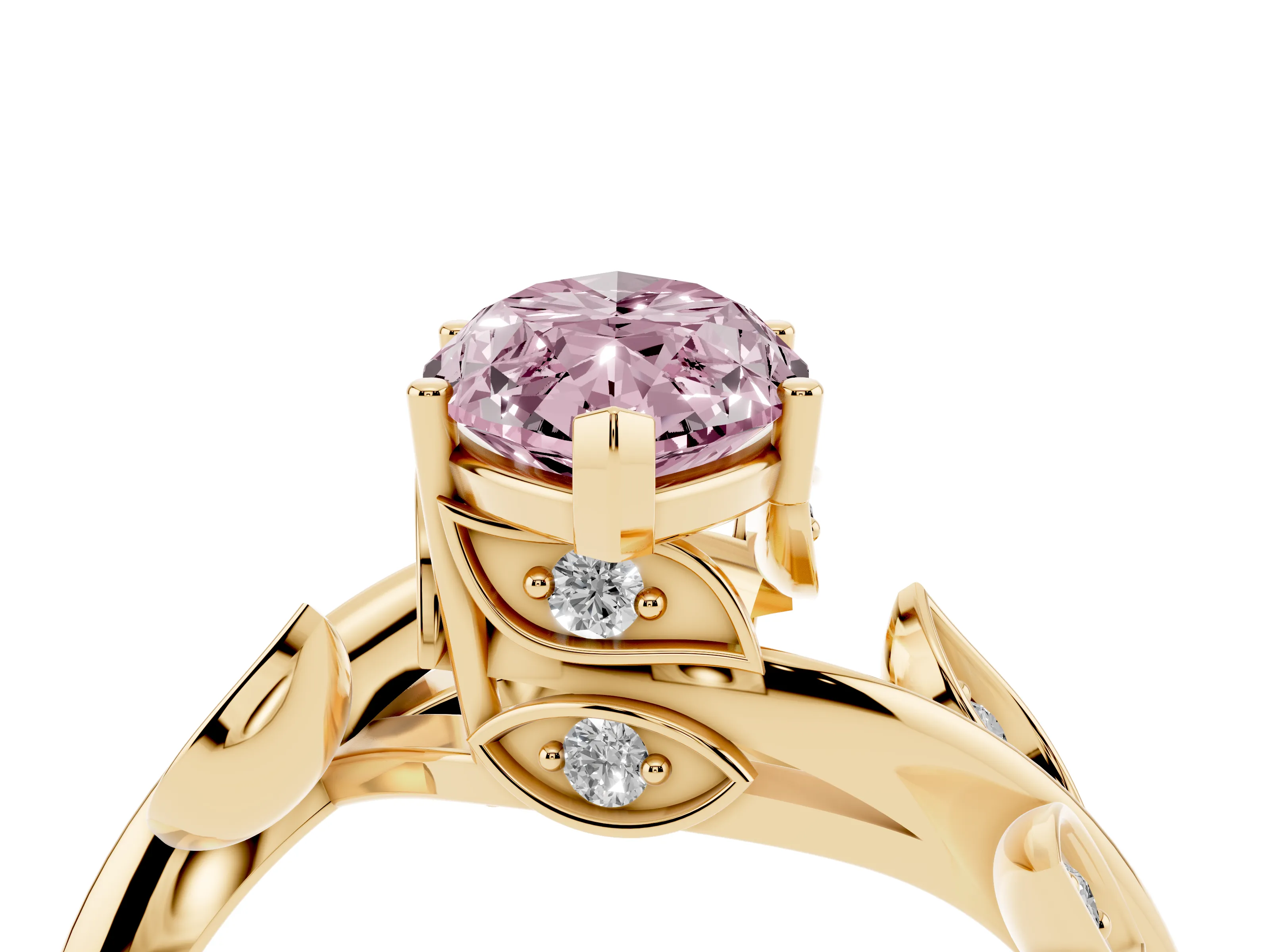 Fancy Pink Marquise Cut Diamond Solitaire Twist Engagement Ring Set in Yellow gold with Pavé Leaf Accents