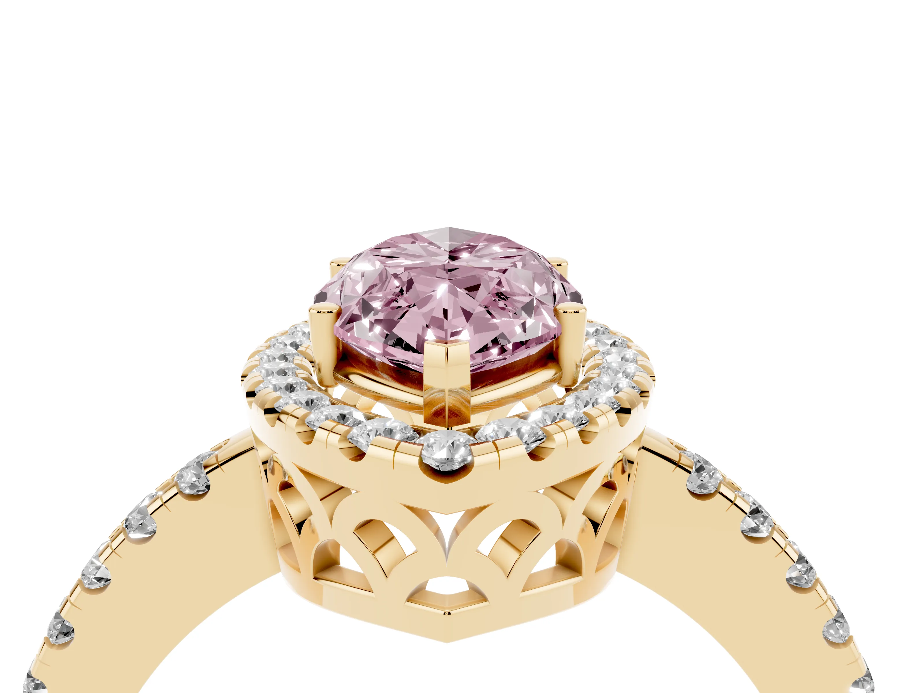 Fancy Pink Marquise Cut Diamond Pavé Band Halo Engagement Ring Set in Yellow gold with Prong Setting
