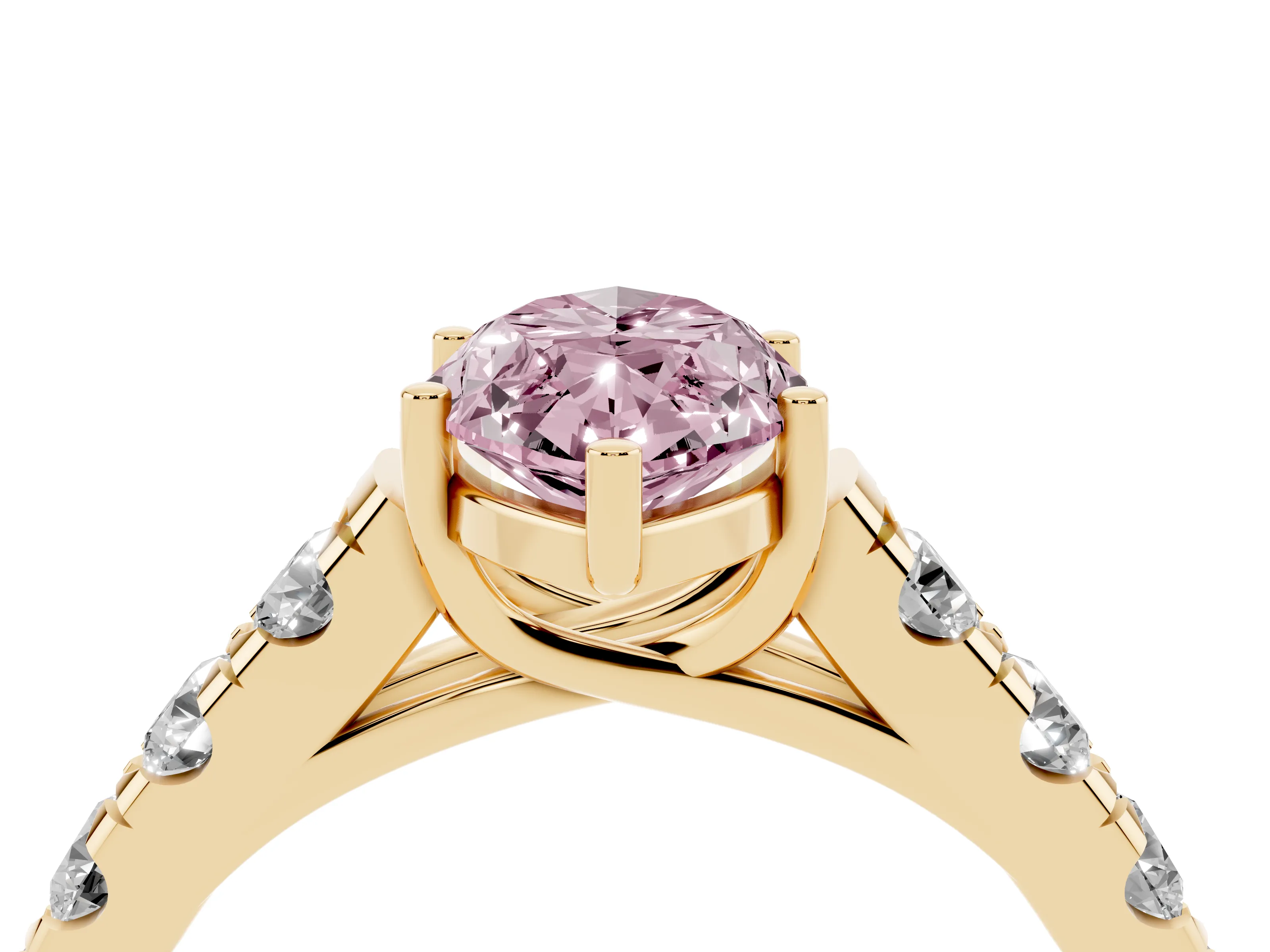 Fancy Pink Marquise Cut Diamond Solitaire Ring Set in Yellow gold with Cut-Down Micro Pavé Band and Prong Setting