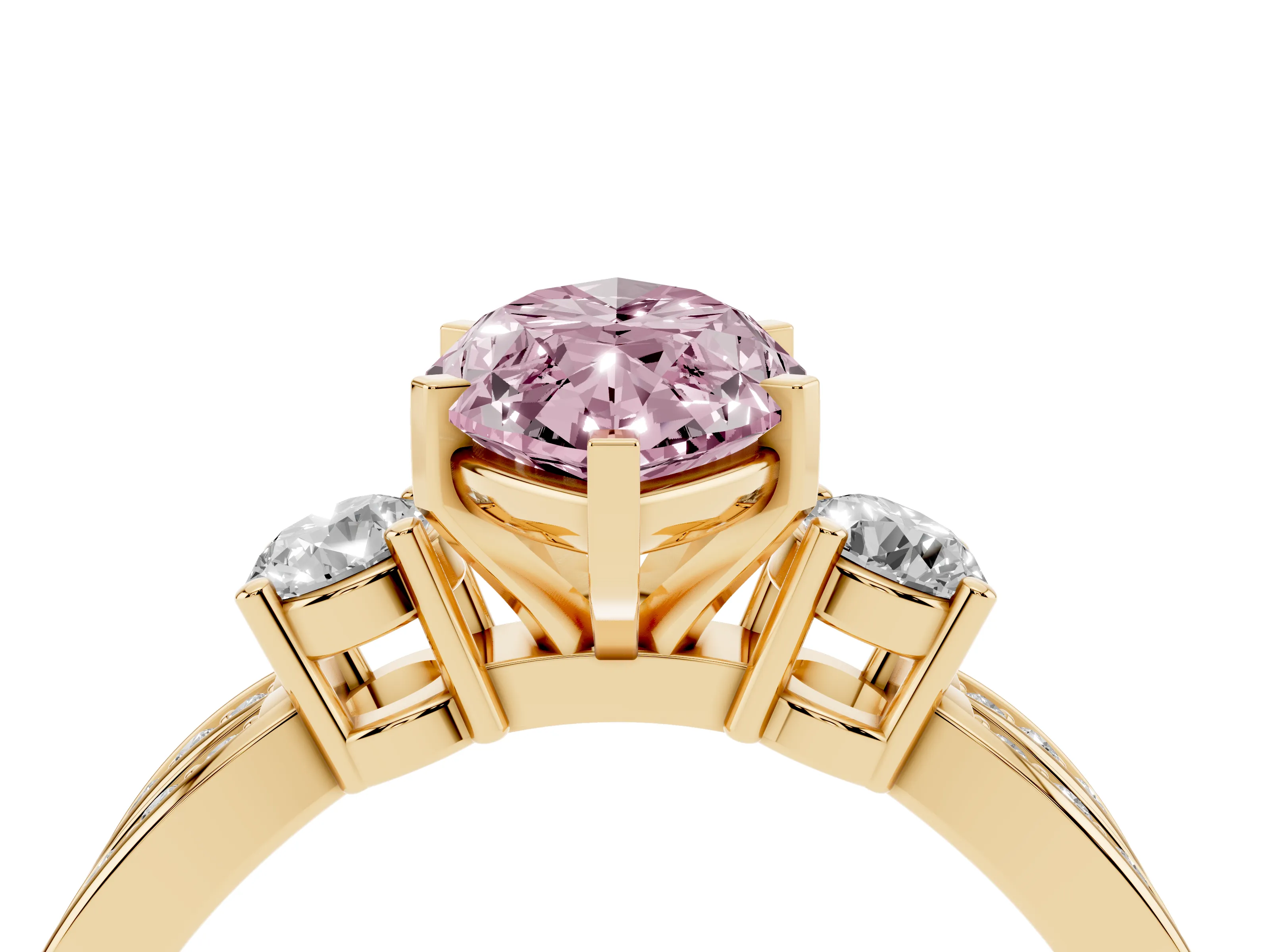 Fancy Pink Three-Stone Marquise Cut Diamond Twist Band Ring Set in Yellow gold with Pavé Accents and Prong Setting