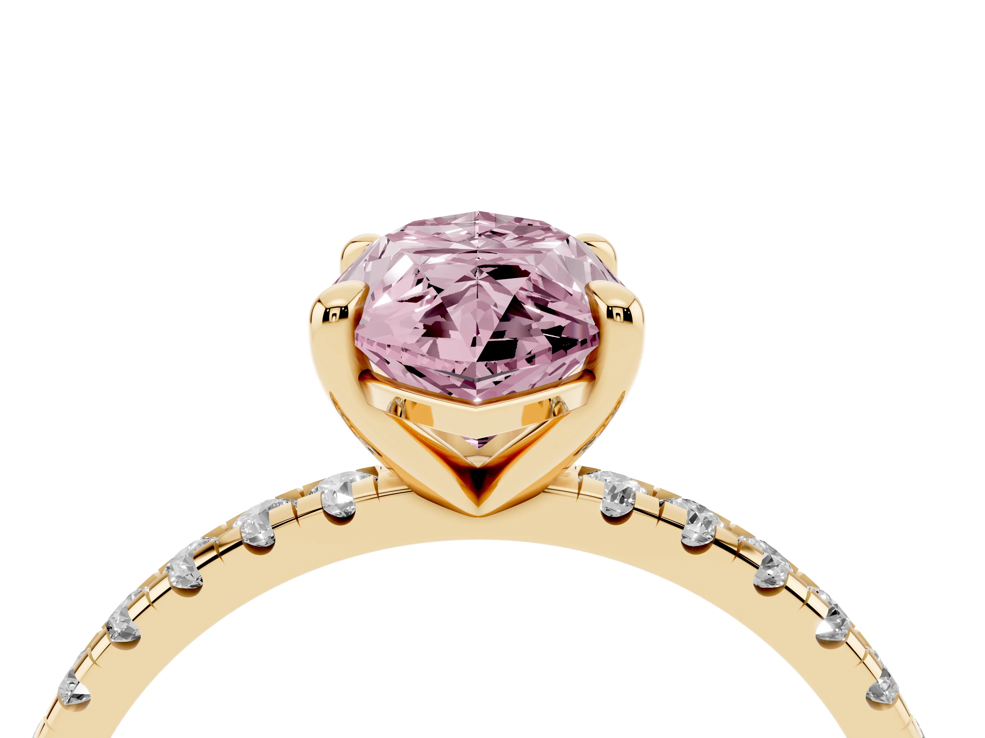 Fancy Pink Marquise Cut Diamond Brilliant Solitaire Ring Set in Yellow gold with Pavé Band and Prong Setting