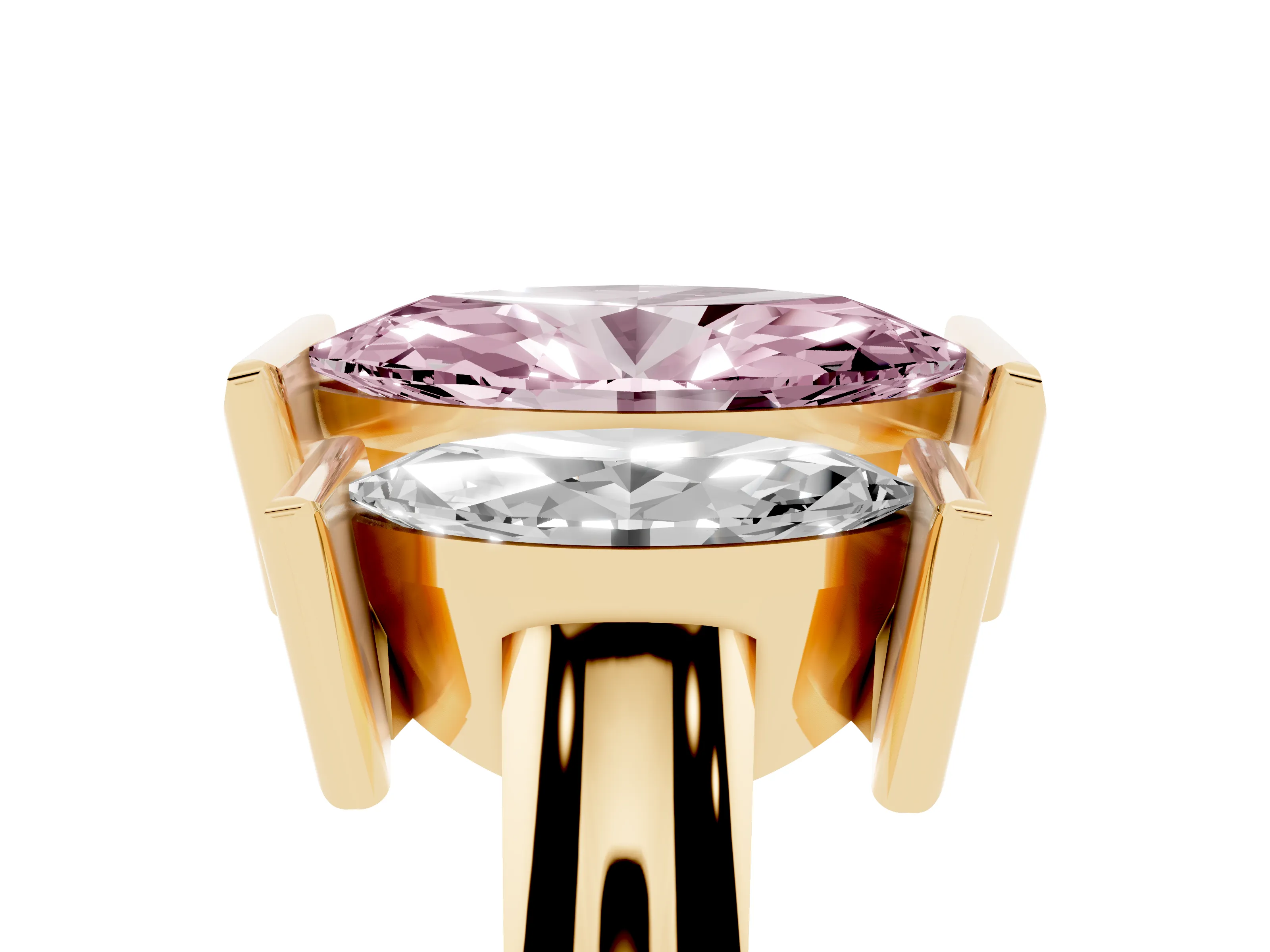 Fancy Pink Marquise Cut Diamond Three-Stone Channel Set Ring Set in Yellow gold with Smooth Polished Band