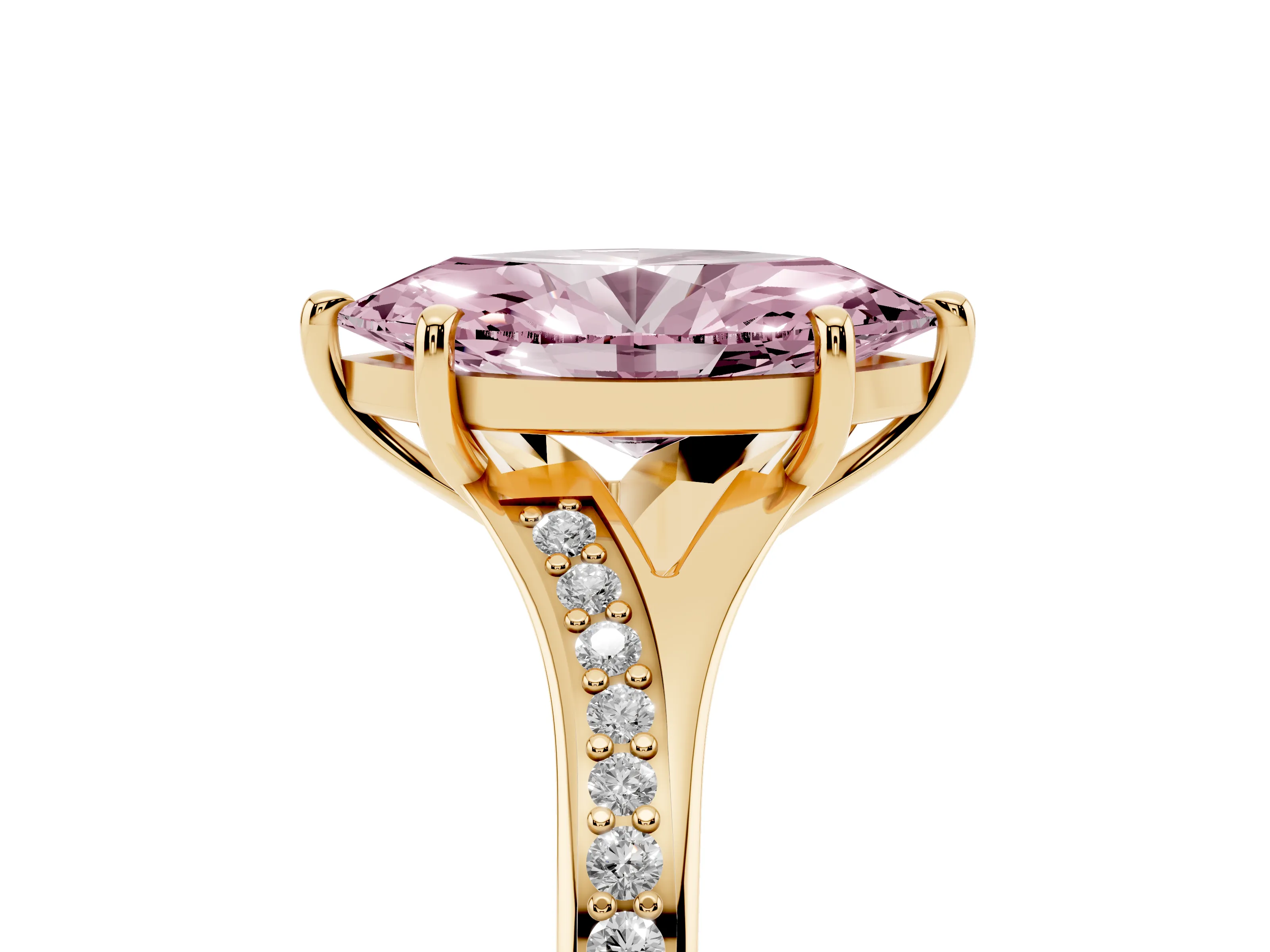 Fancy Pink Marquise Cut Diamond Solitaire Ring Set in Yellow gold with Pavé Accent Band and Classic Prong Setting