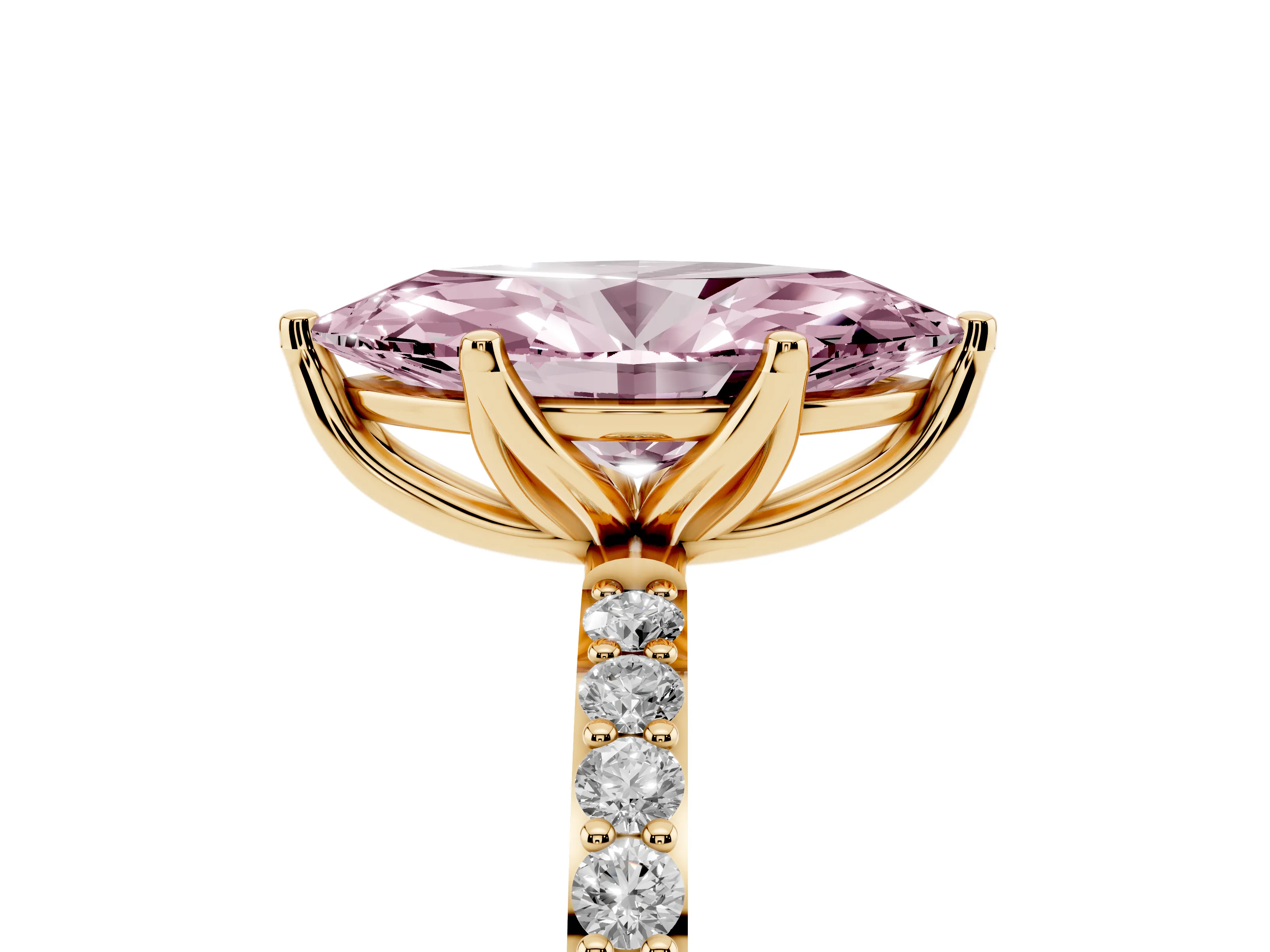 Fancy Pink Marquise Cut Diamond Solitaire Engagement Ring Set in Yellow gold with Round Pavé Band and Prong Setting