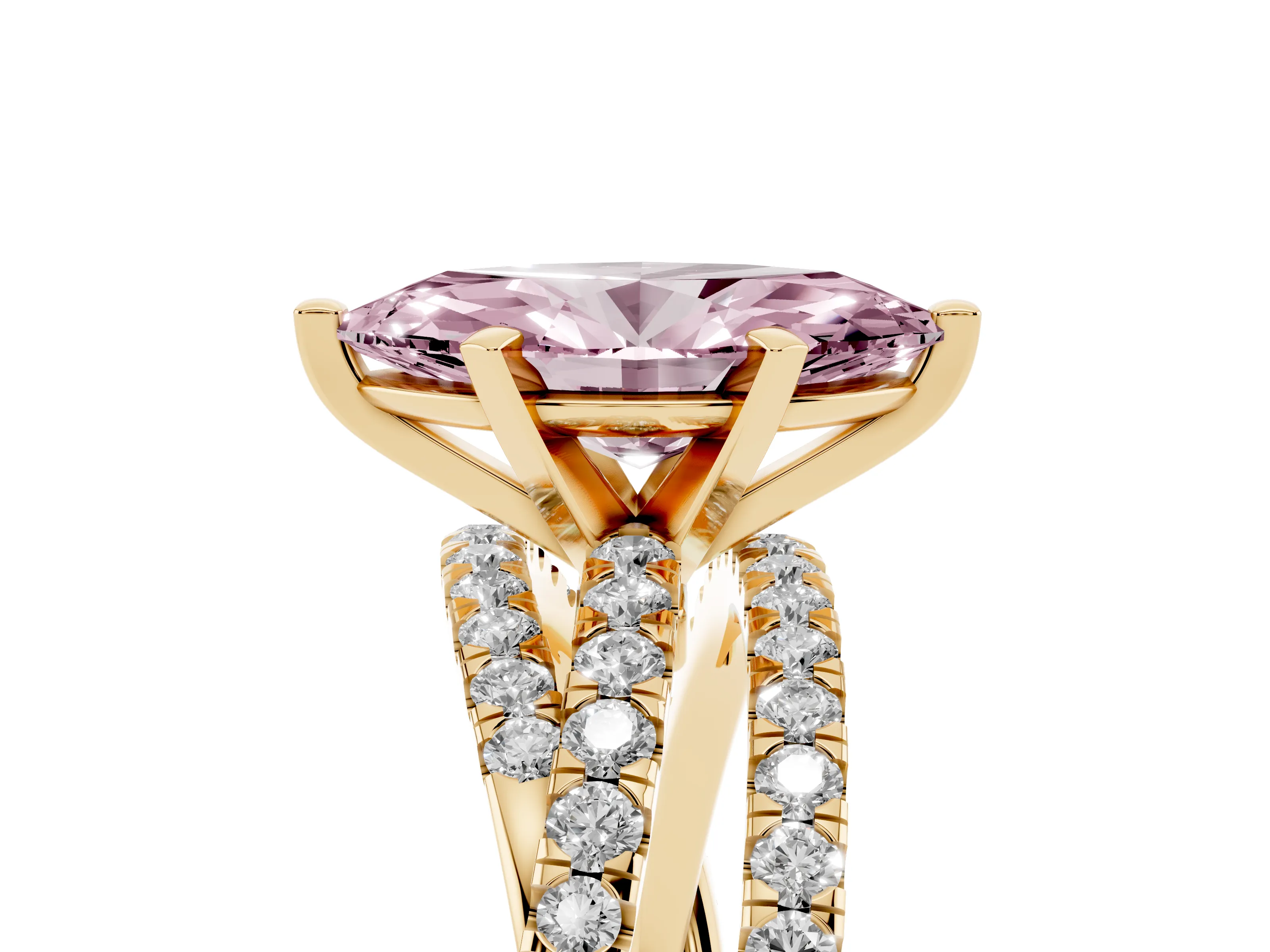Fancy Pink Marquise Cut Diamond Solitaire Twist Band Ring Set in Yellow gold with Pavé Setting and Prong Head