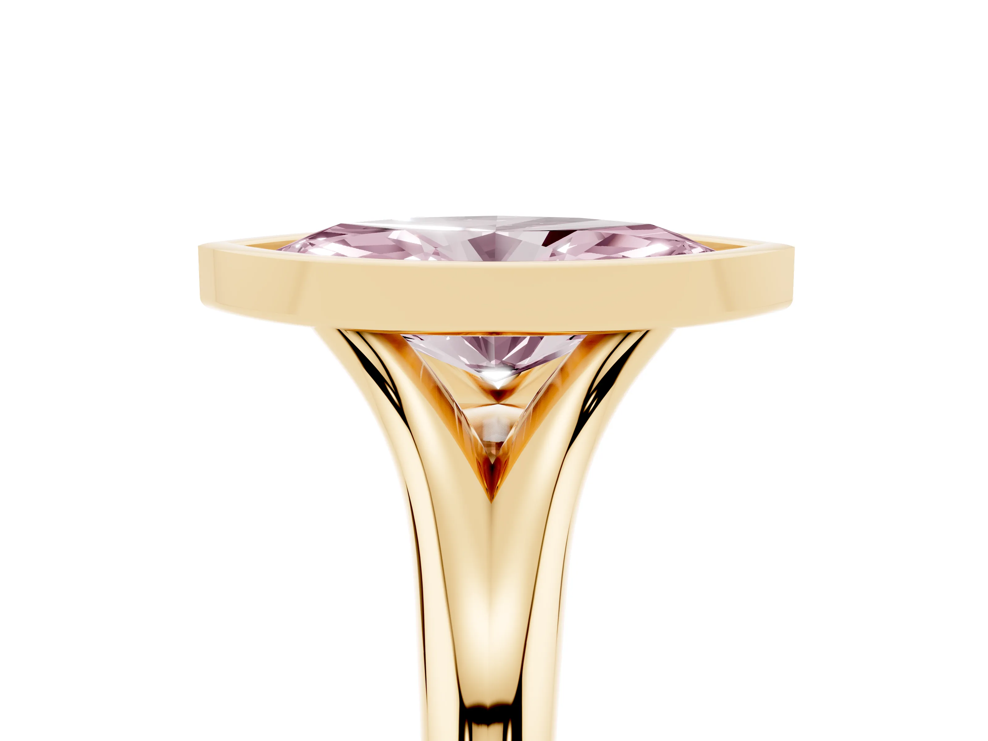 Fancy Pink Bezel Set Marquise Cut Diamond Solitaire Ring Set in Yellow gold with Smooth Band