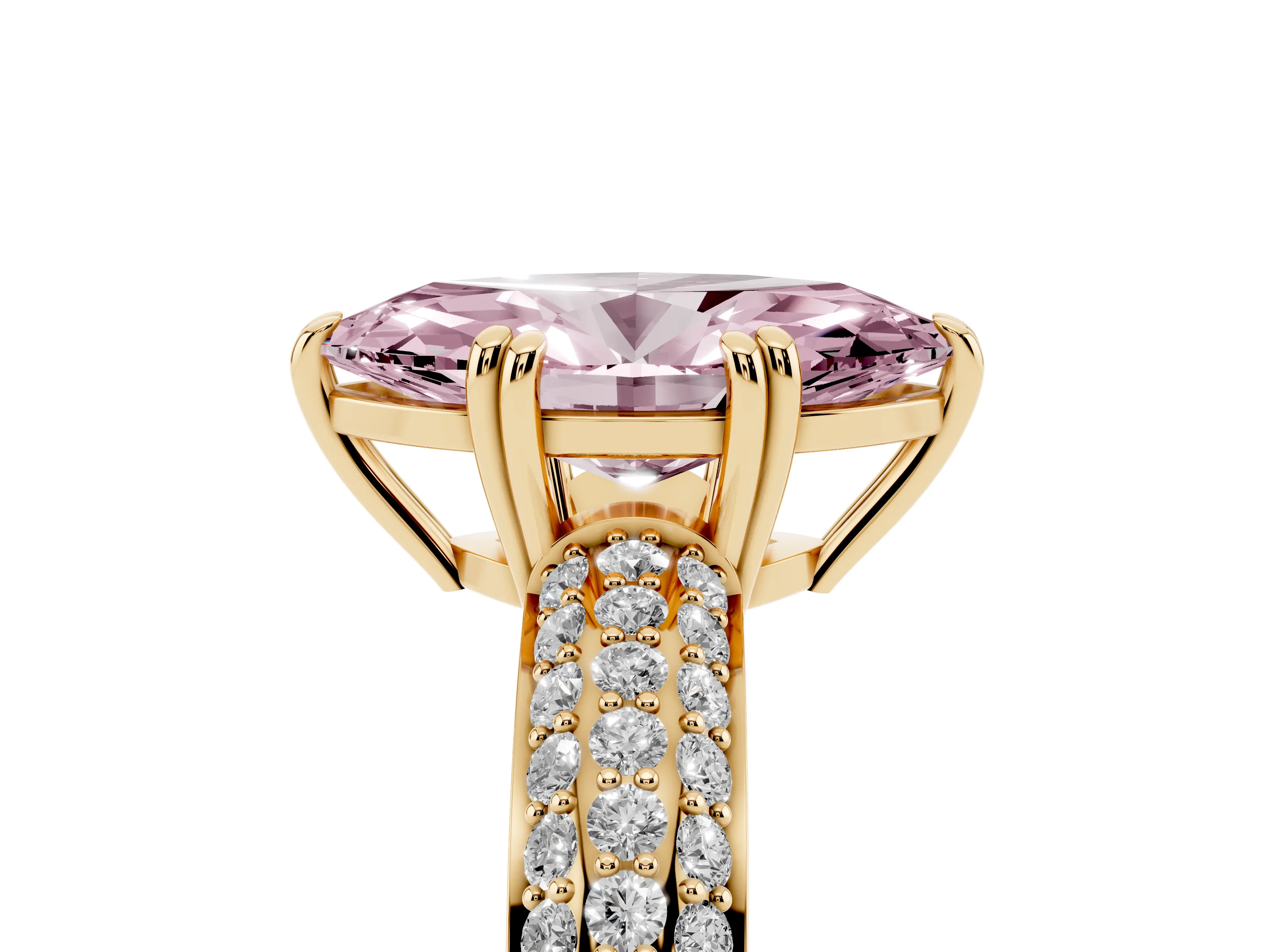 Fancy Pink Marquise Cut Diamond Solitaire Ring Set in Yellow gold with Multi-Row Round Pavé Band and Prong Setting