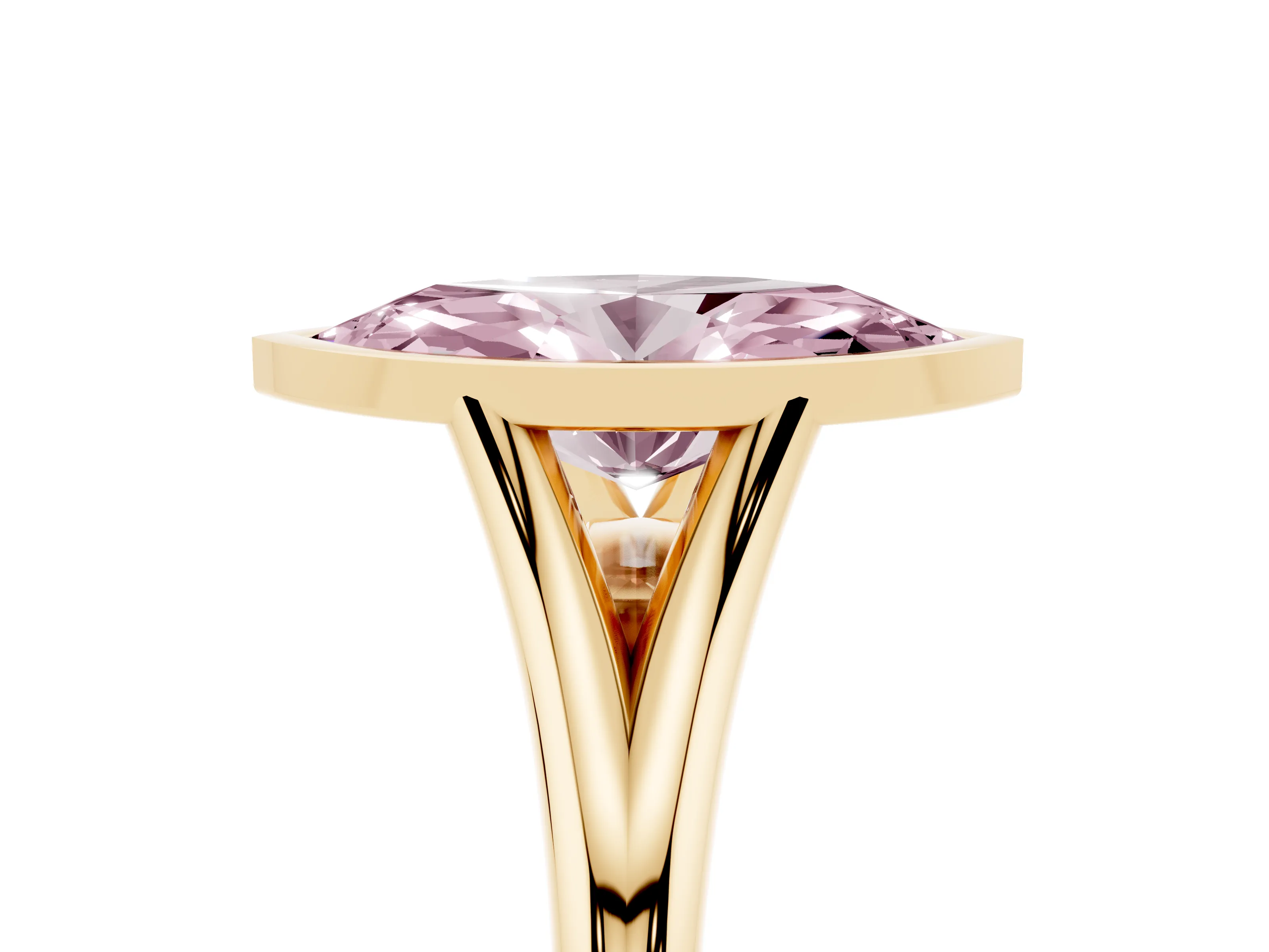 Fancy Pink Bezel Set Marquise Cut Diamond Solitaire Ring Set in Yellow gold with Tapered Band