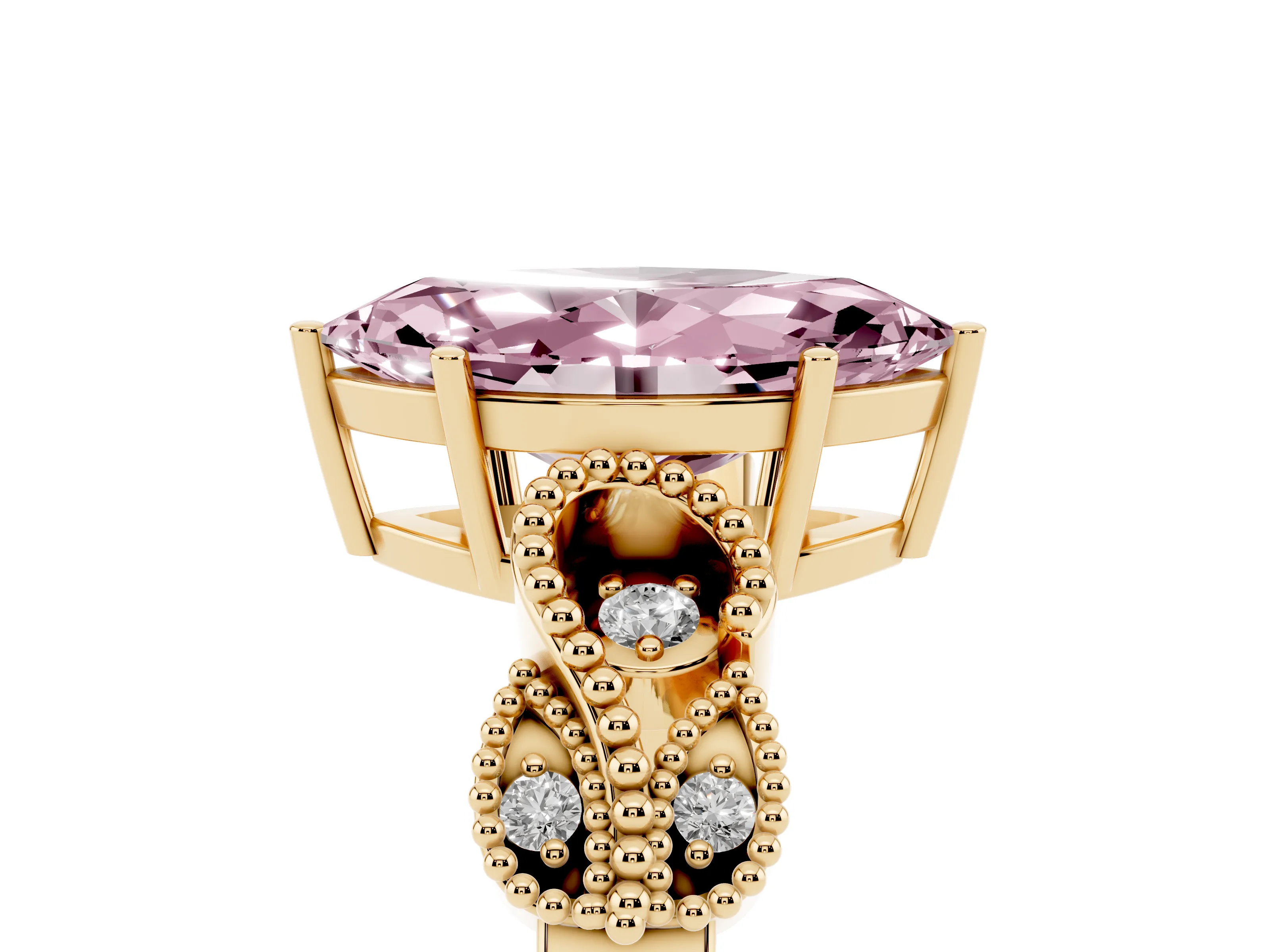 Fancy Pink Marquise Cut Diamond Milgrain Leaf Band Solitaire Ring Set in Yellow gold with Accent Stones and Prong Setting