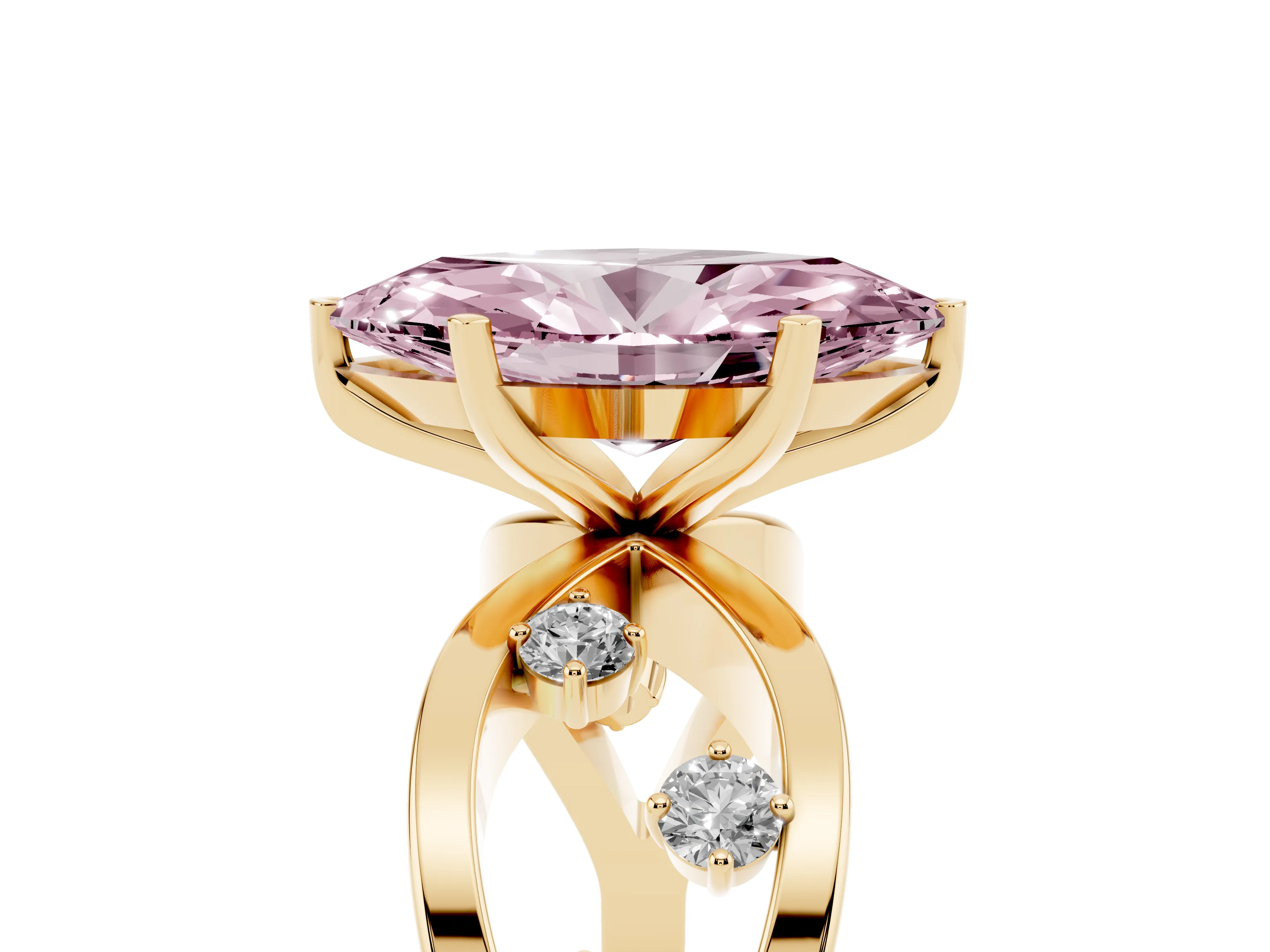 Fancy Pink Marquise Cut Diamond Solitaire Ring Set in Yellow gold with Side Stones on Criss-Cross Band and Prong Setting