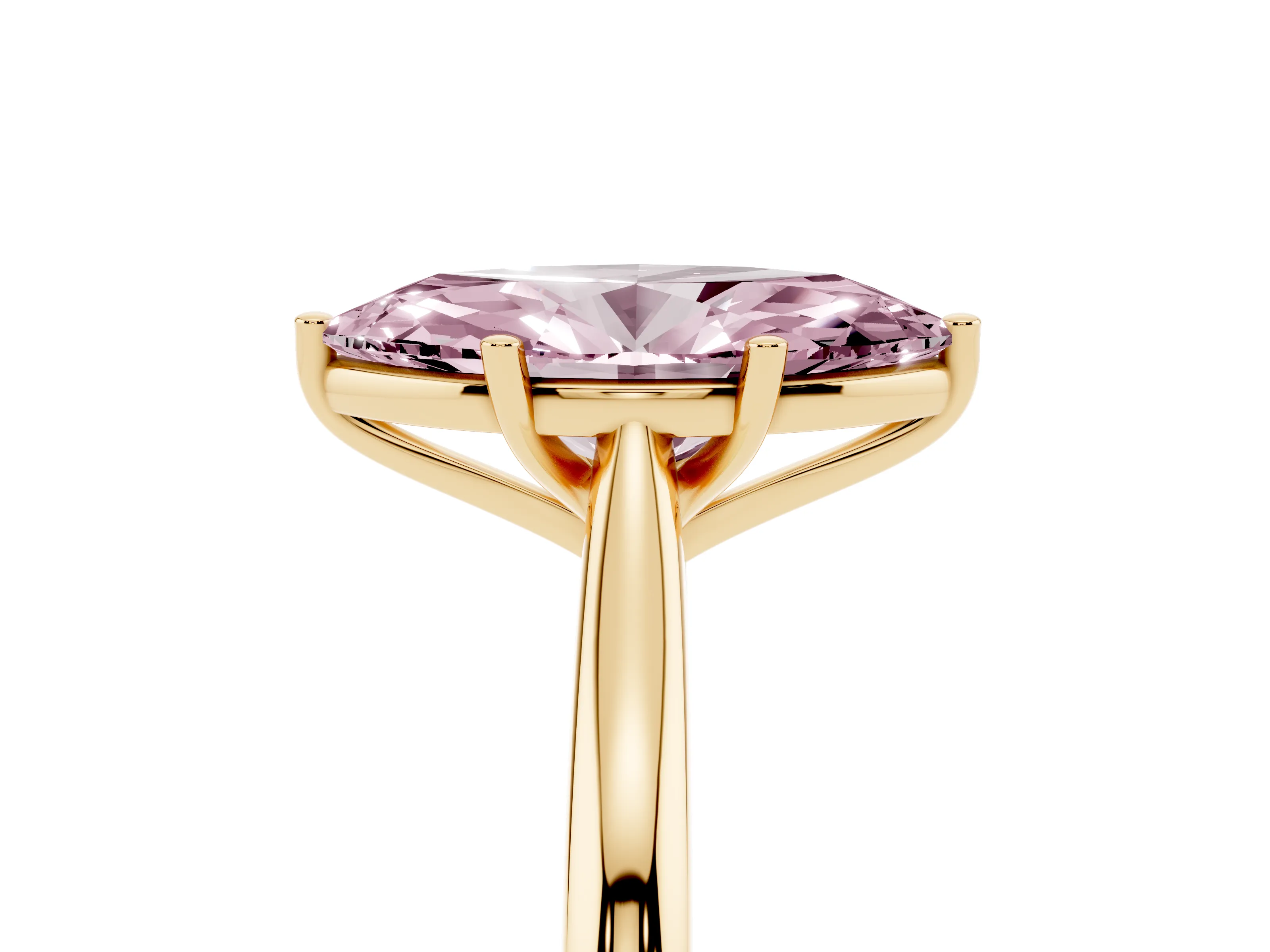 Fancy Pink Marquise Cut Diamond Solitaire Ring Set in Yellow gold with Cathedral Band and Prong Setting