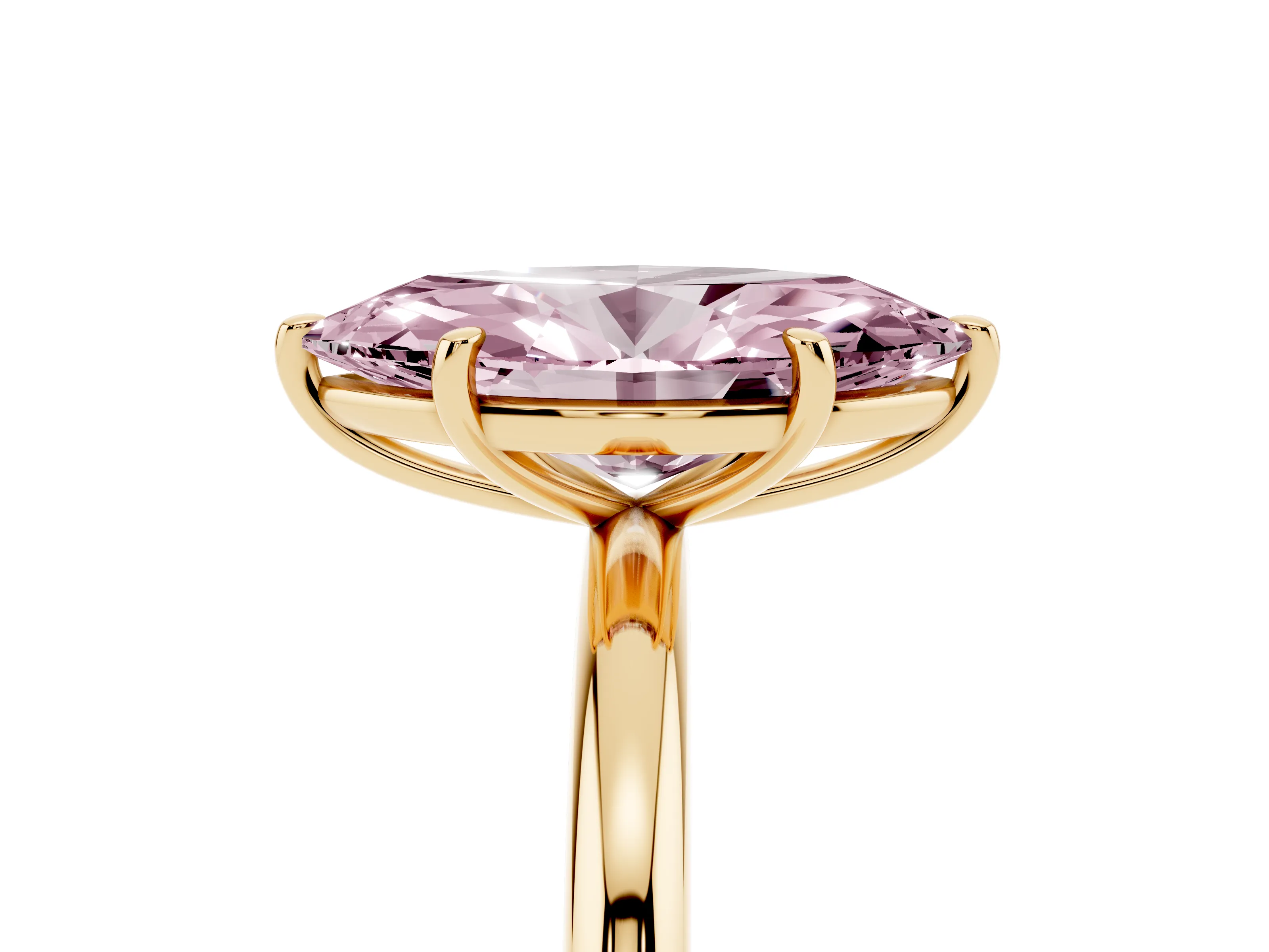Fancy Pink Marquise Cut Diamond Solitaire Ring Set in Yellow gold with Prong Setting on a Polished Plain Band