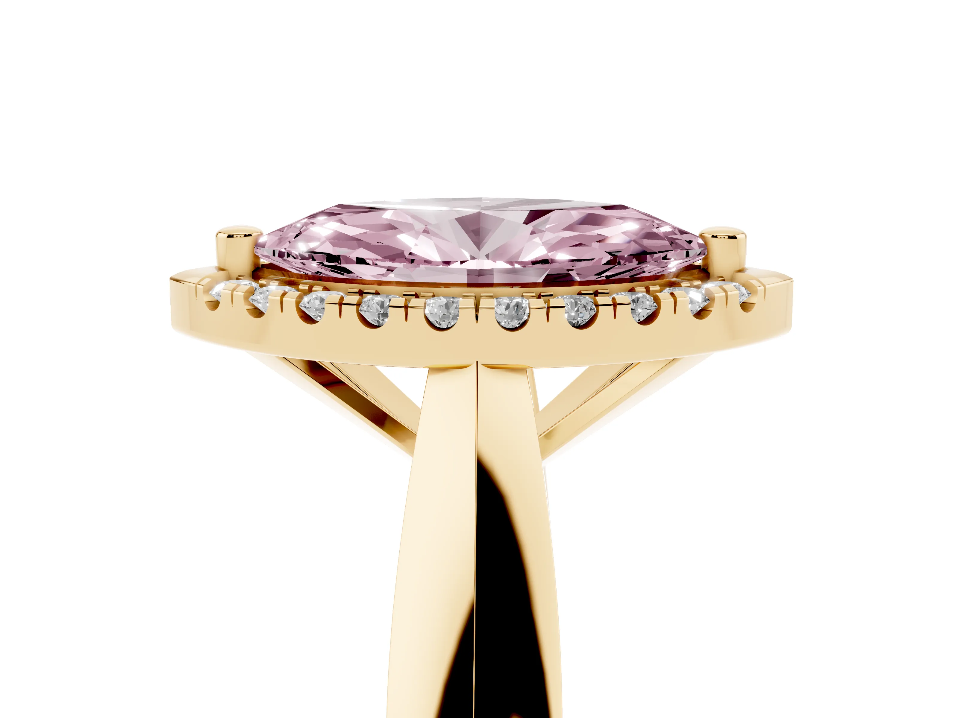 Fancy Pink Marquise Cut Diamond Halo Solitaire Engagement Ring Set in Yellow gold with Square Band and Prong Setting