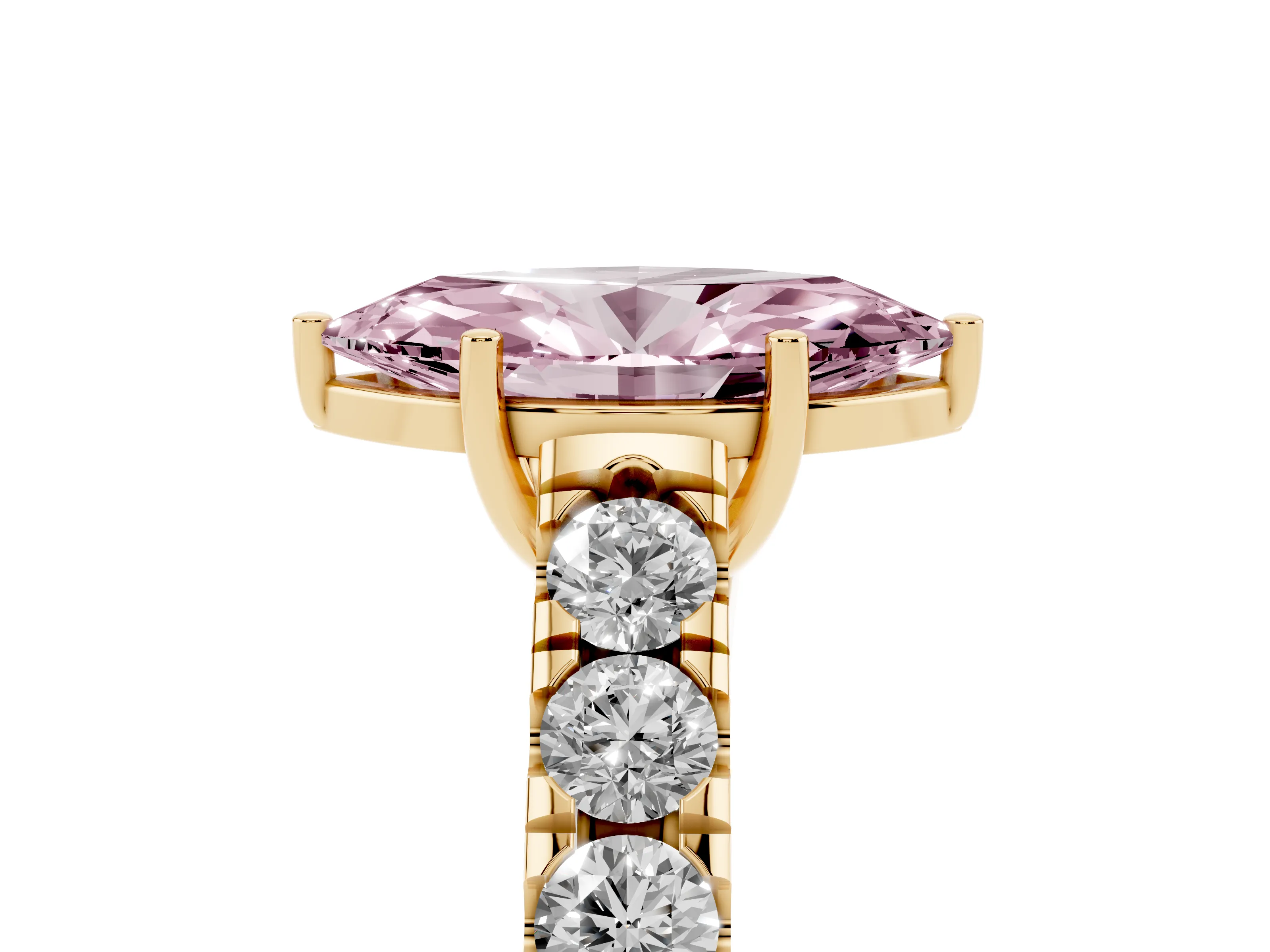 Fancy Pink Marquise Cut Diamond Solitaire Ring Set in Yellow gold with Cut-Down Micro Pavé Band and Prong Setting