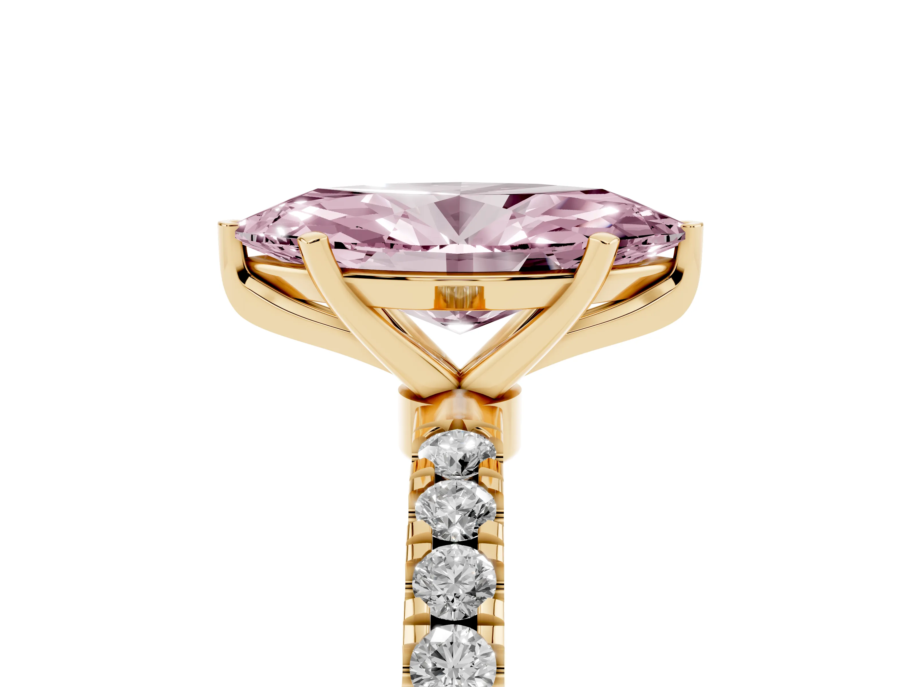 Fancy Pink Marquise Cut Diamond Solitaire Ring Set in Yellow gold with Pavé Accents and Prong Setting