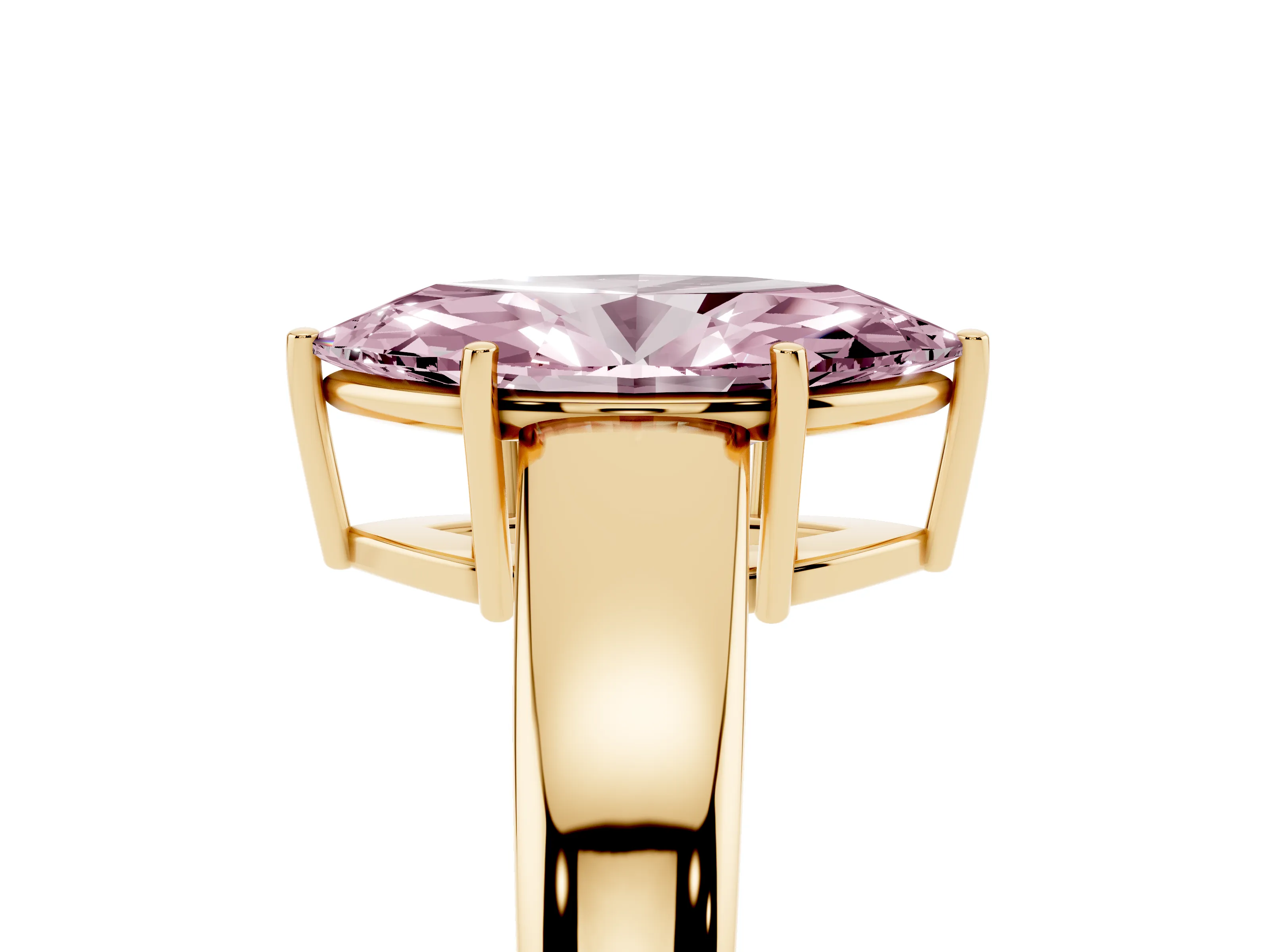 Fancy Pink Marquise Cut Diamond Solitaire Ring Set in Yellow gold with Tapered Band and Prong Setting