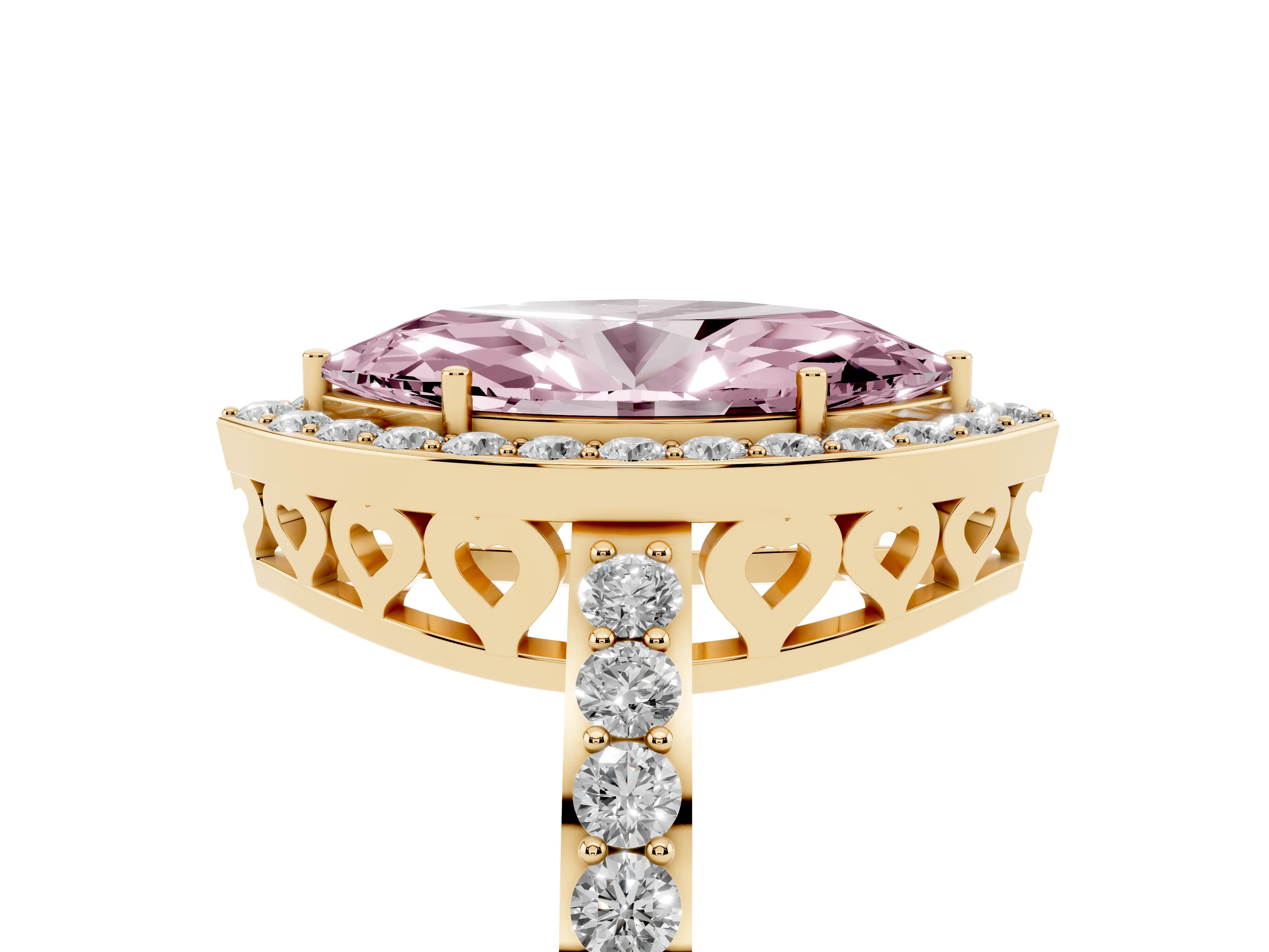 Fancy Pink Marquise Cut Diamond Halo Ring Set in Yellow gold with Pavé-Setting Band and Open Prong Center