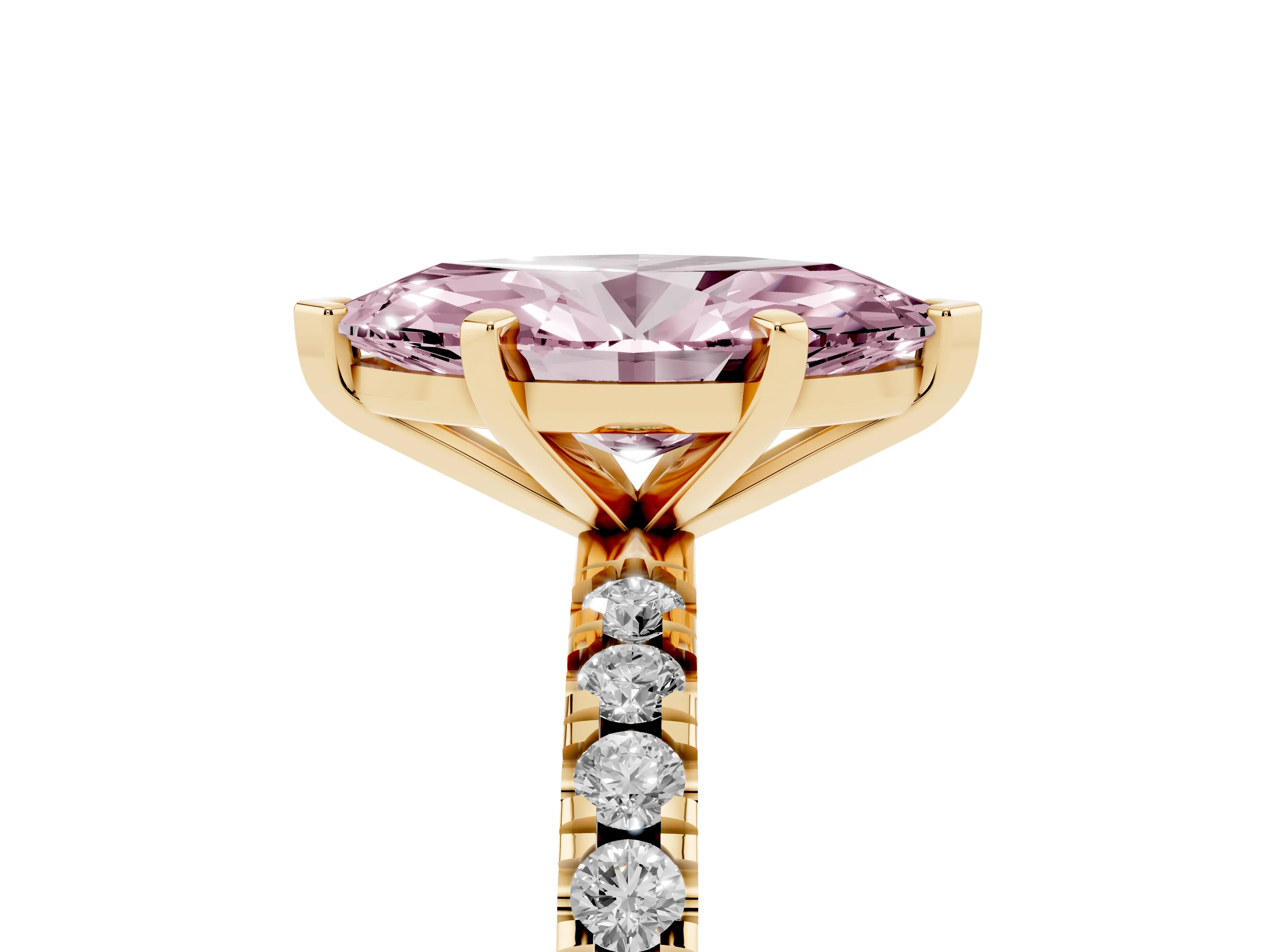 Fancy Pink Marquise Cut Diamond Pavé Band Solitaire Set in Yellow gold with Prong Setting