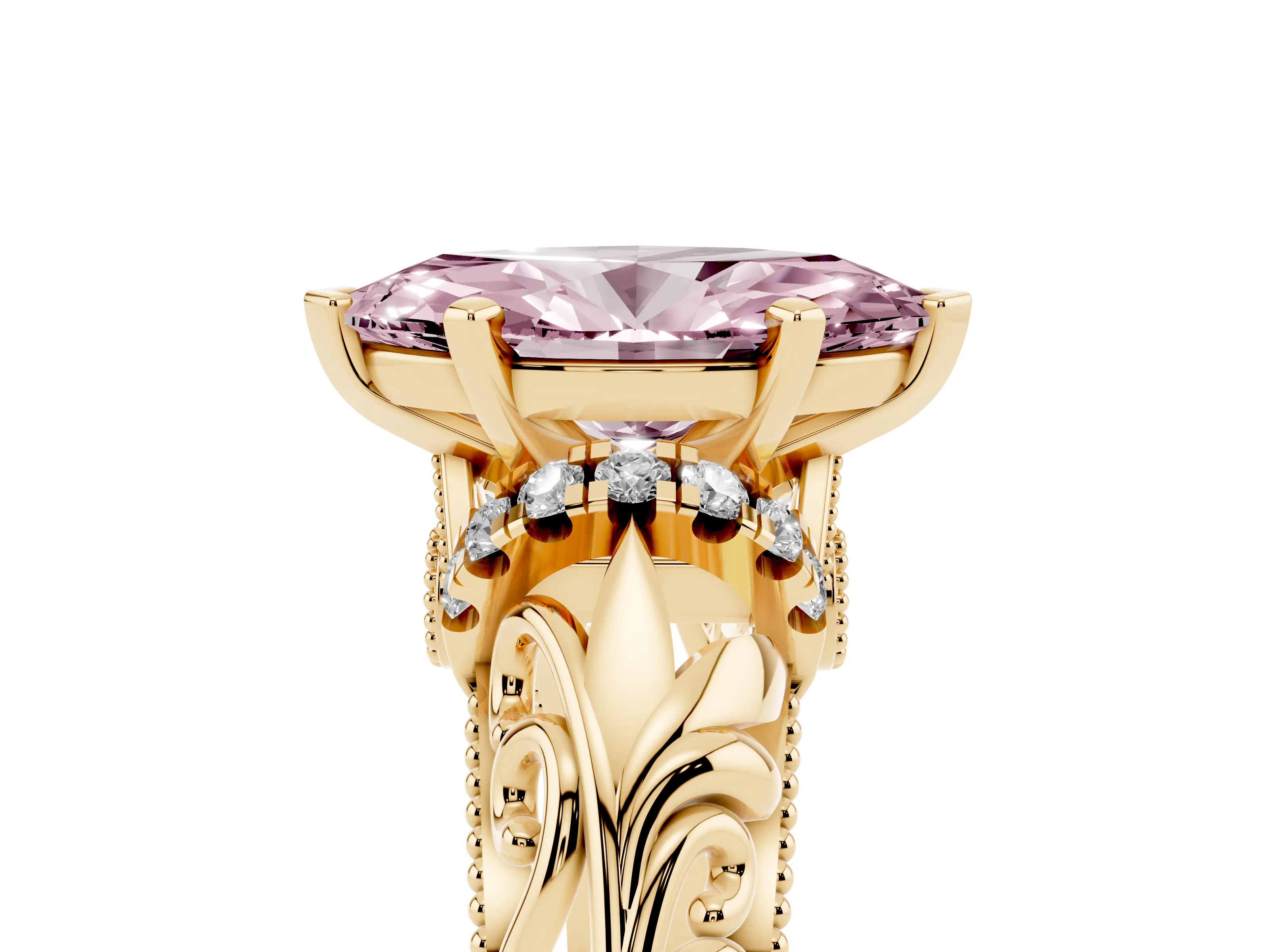 Fancy Pink Marquise Cut Diamond Filigree Halo Engagement Ring Set in Yellow gold with Prong Setting