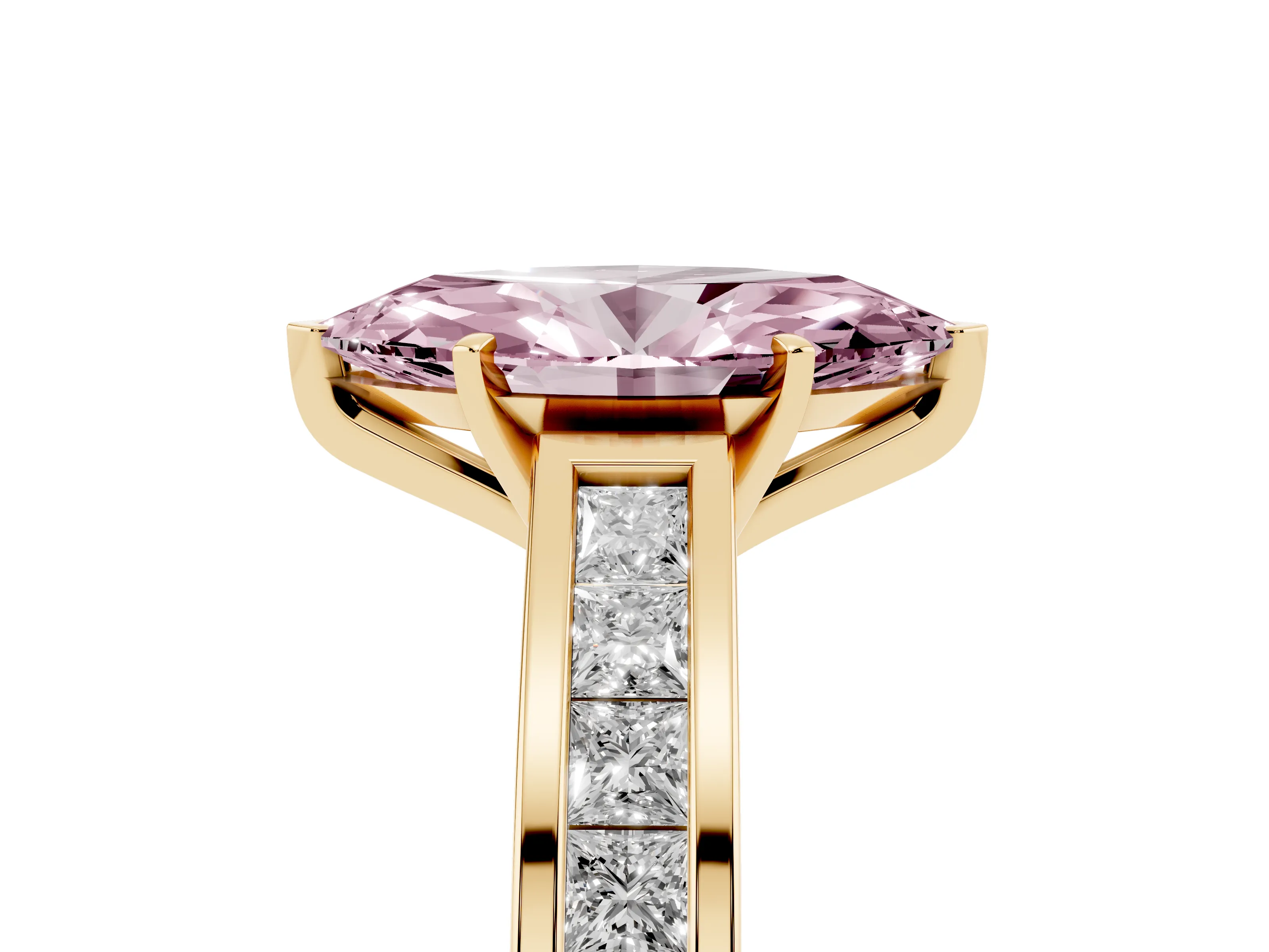 Fancy Pink Marquise Cut Diamond Solitaire Ring Set in Yellow gold with Channel-Set Band and Prong Setting