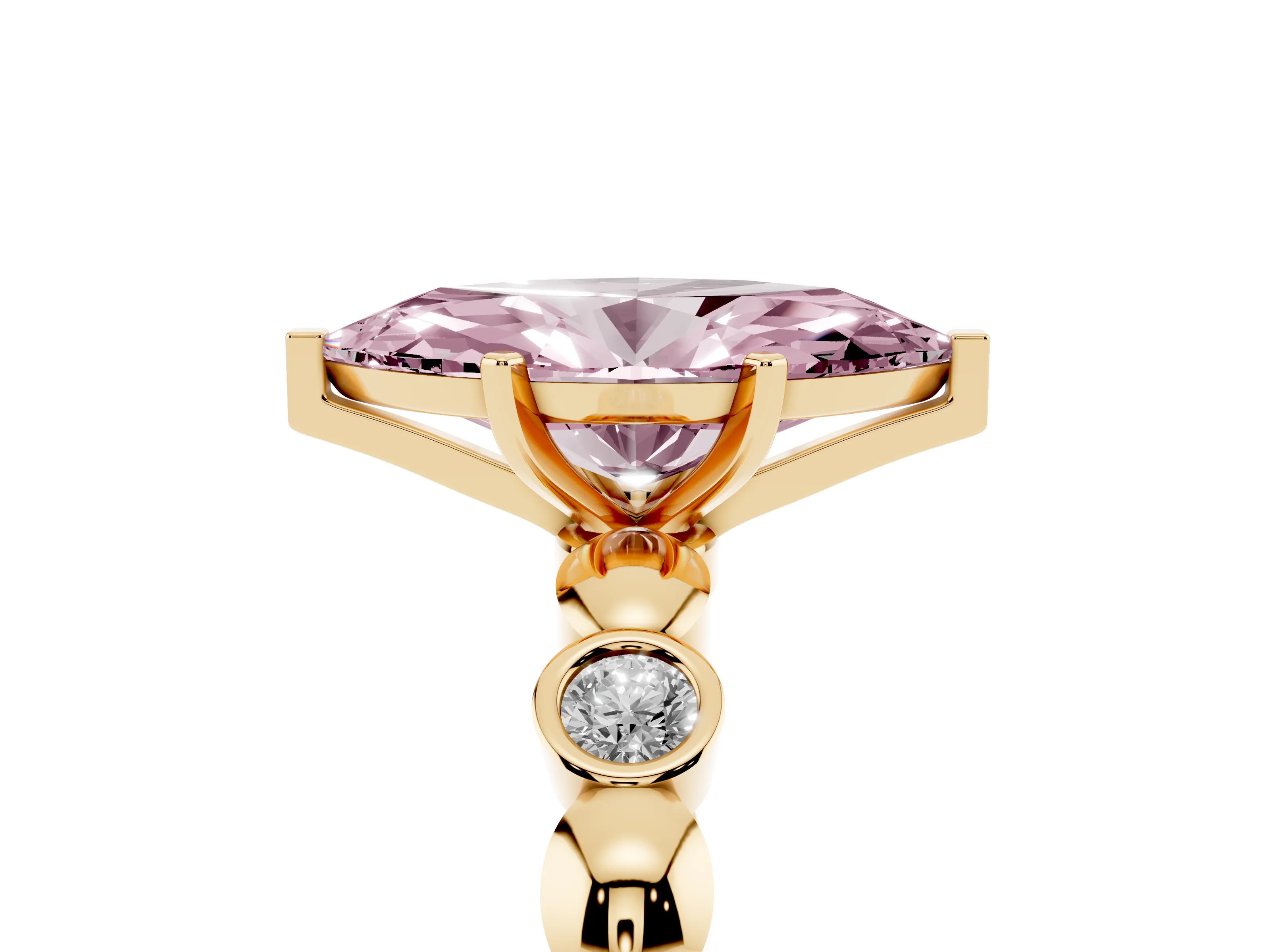 Fancy Pink Marquise Cut Diamond Solitaire Ring Set in Yellow gold with Bezel-Set Accents on Beaded Band and Prong Setting