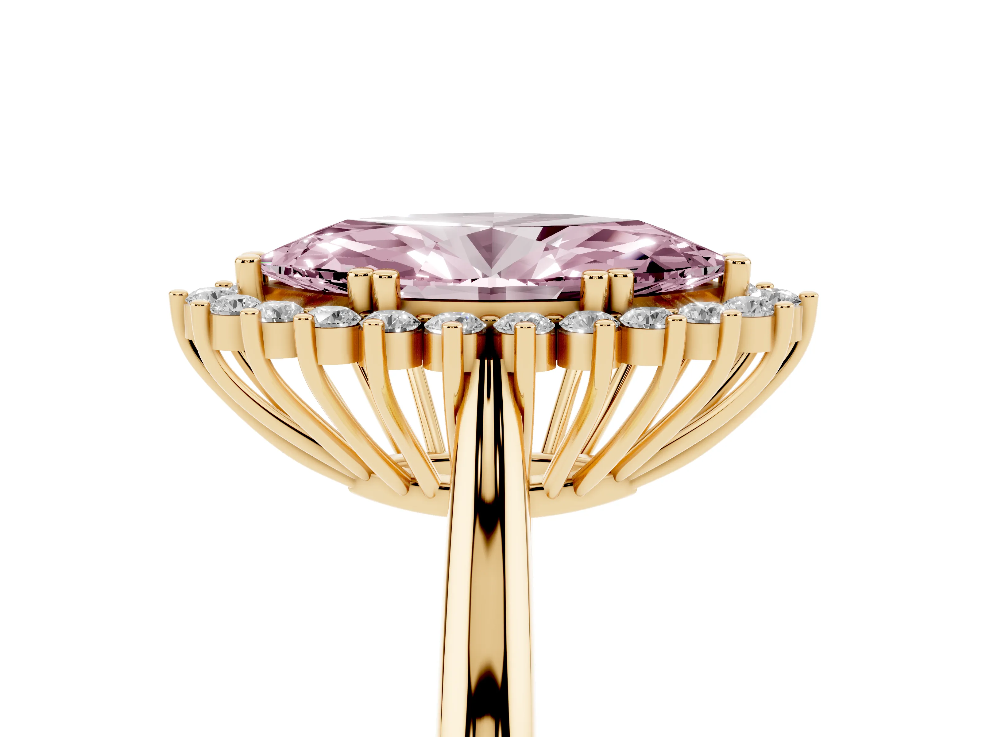 Fancy Pink Marquise Cut Diamond Halo Ring Set in Yellow gold with Plain Solitaire Band and Prong Setting