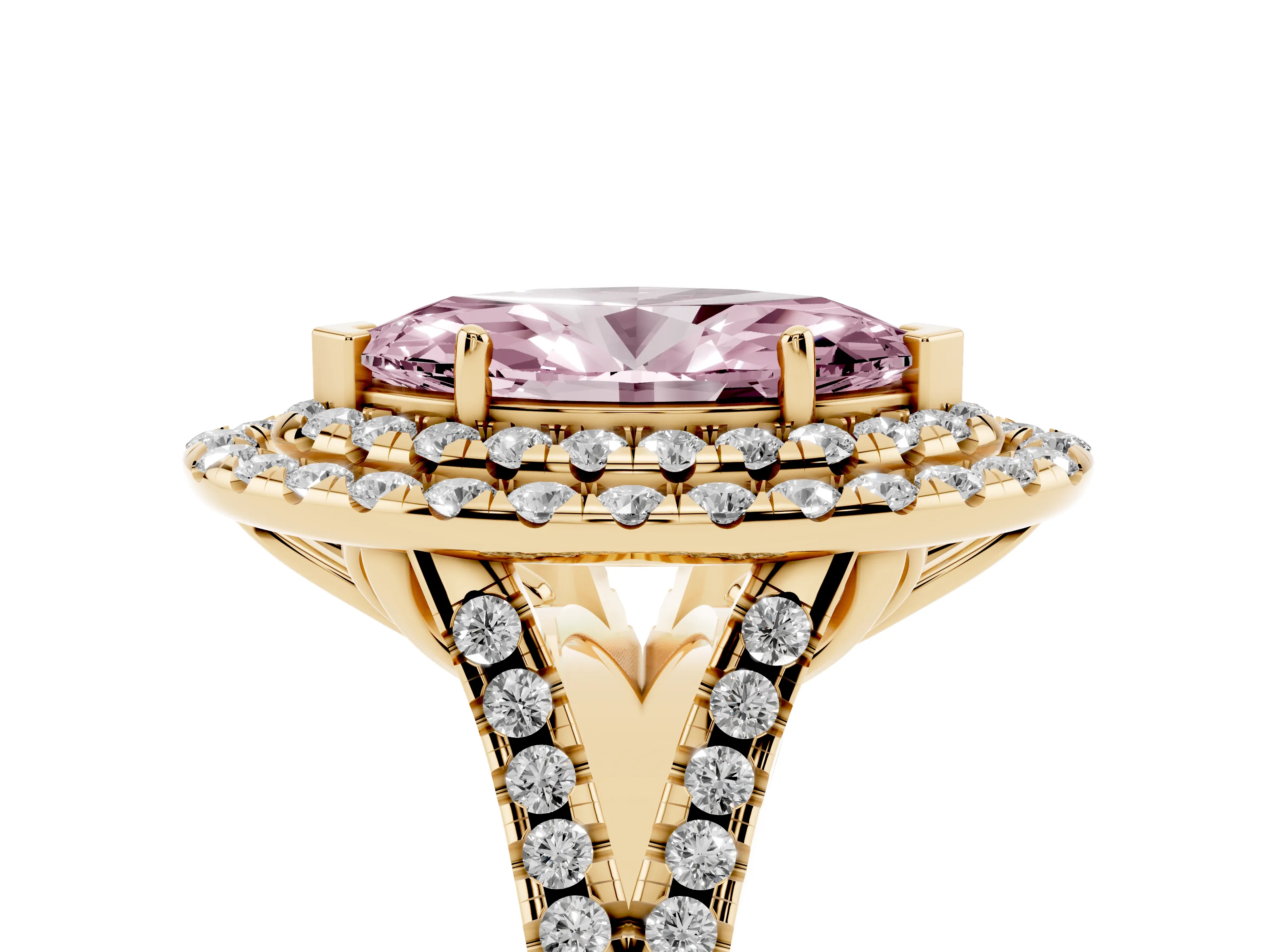 Fancy Pink Marquise Cut Diamond Double Halo Ring Set in Yellow gold with Pavé Split Shank and Prong Setting