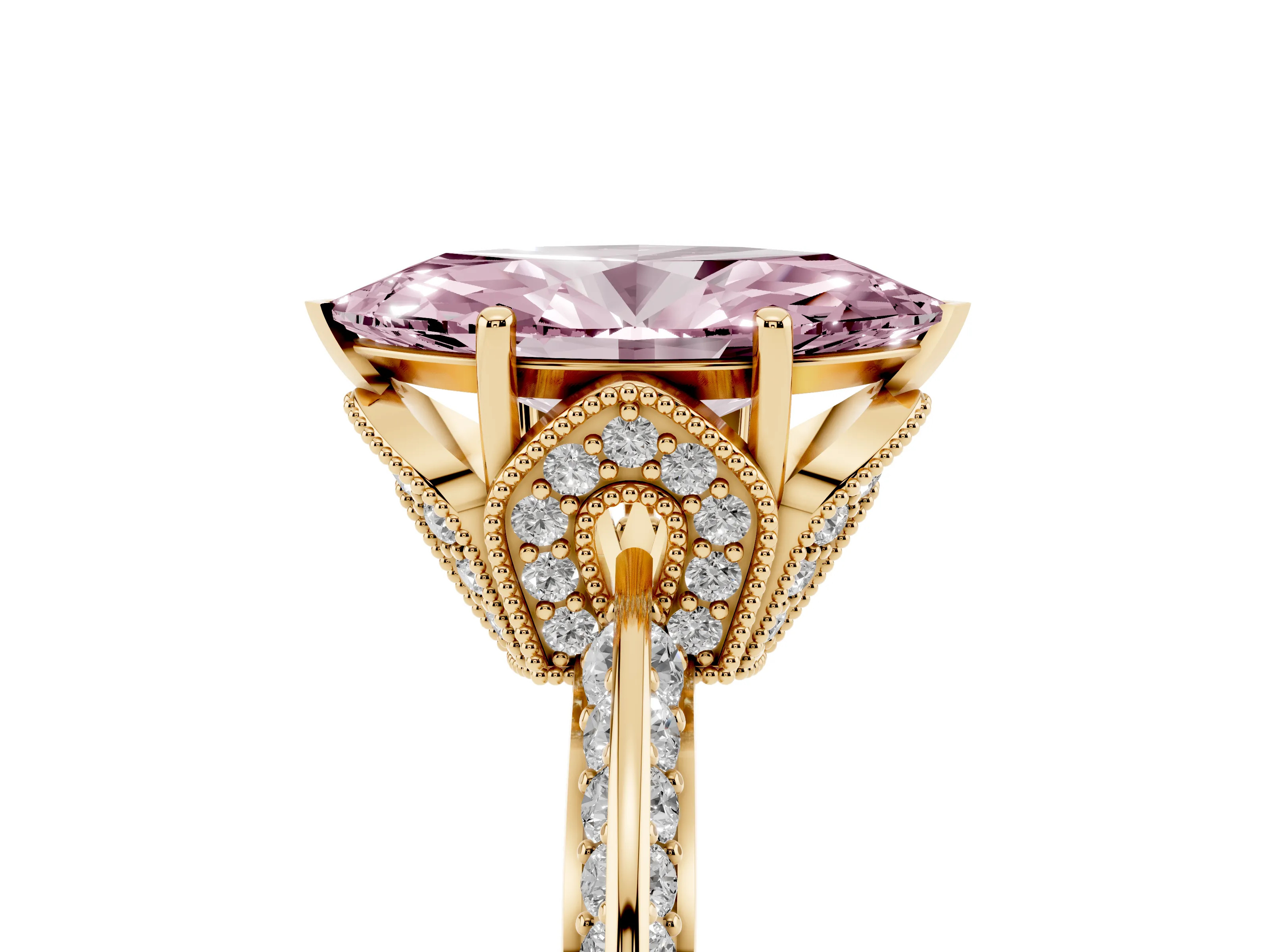 Fancy Pink Marquise Cut Diamond Solitaire Engagement Ring Set in Yellow gold with Pavé Split Shank and Prong Setting