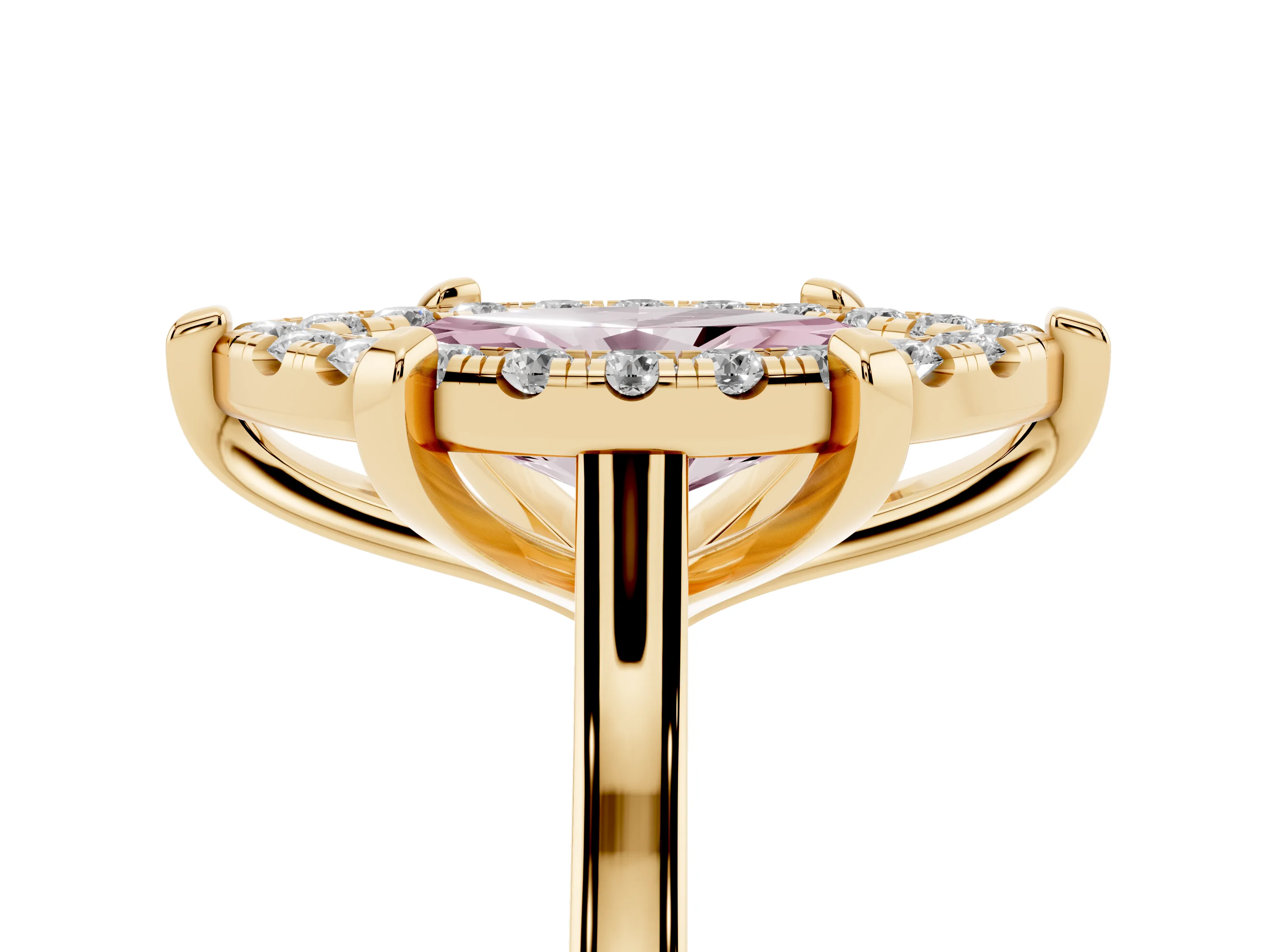 Fancy Pink Marquise Cut Diamond Cluster Halo Solitaire Ring Set in Yellow gold with Prong Setting