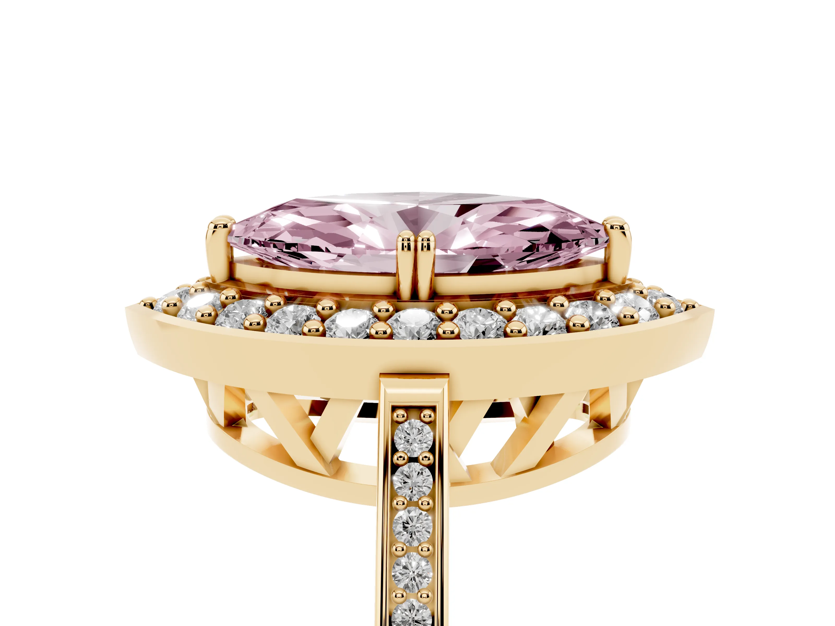Fancy Pink Marquise Cut Diamond Halo Ring Set in Yellow gold with Accent-Lined Split Shank and Prong Setting