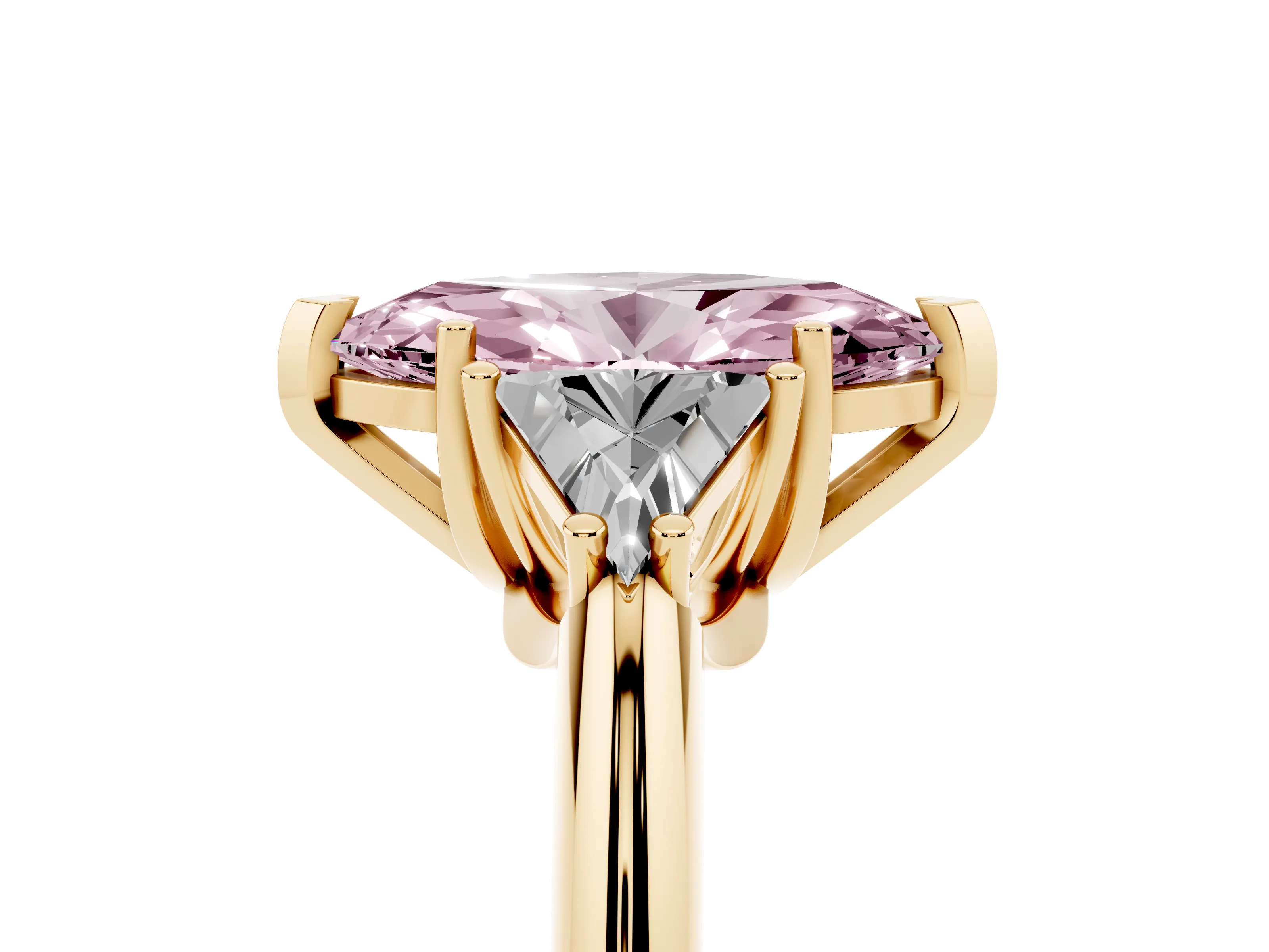 Fancy Pink Marquise Cut Diamond Three-Stone Engagement Ring Set in Yellow gold with Trillion Side Stones