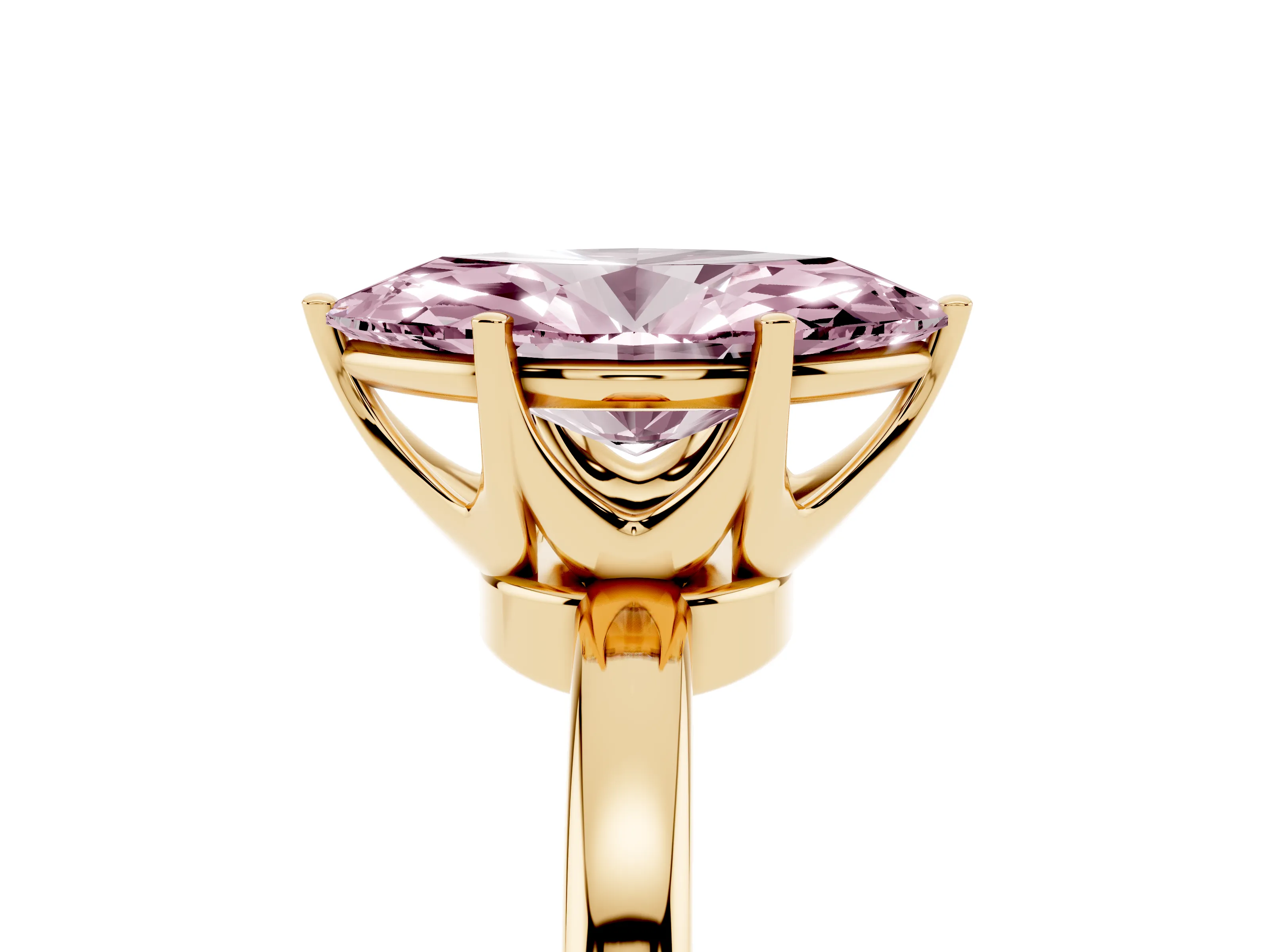 Fancy Pink Marquise Cut Diamond Solitaire Ring Set in Yellow gold with Raised Prong Setting on a Classic Band